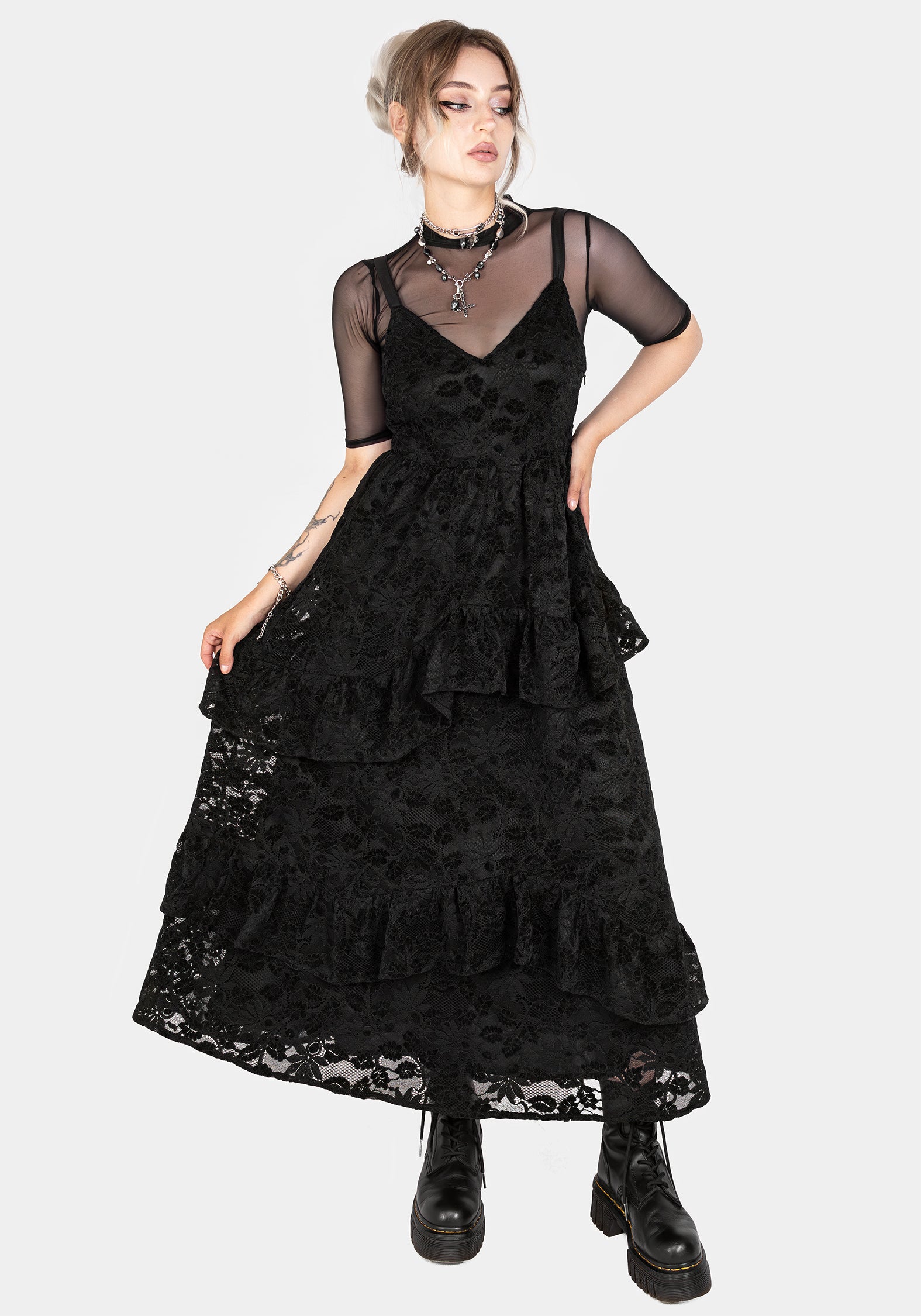 Black Floral Lace Tiered Dress with V-Neck | Dauphine