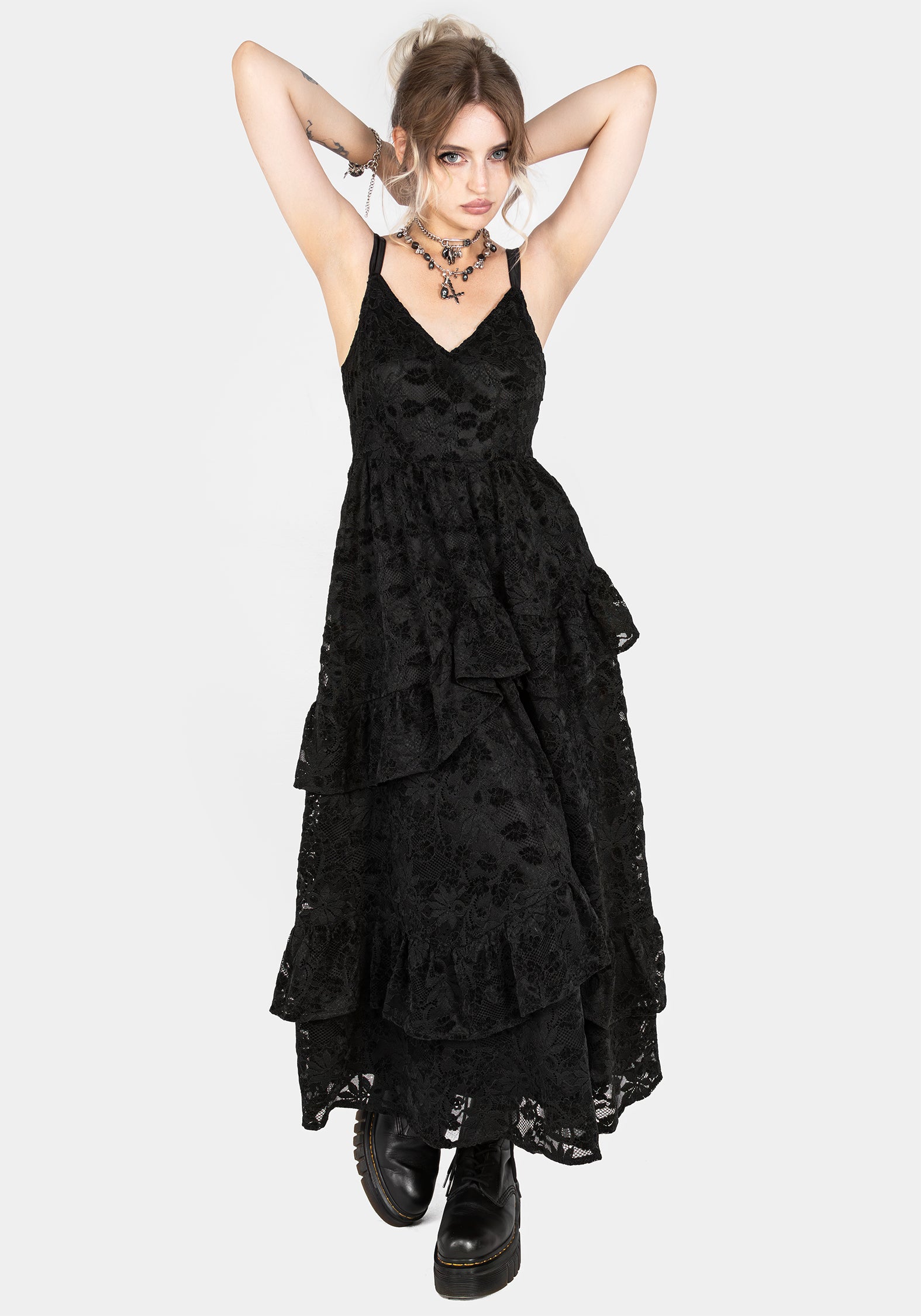 Black Floral Lace Tiered Dress with V-Neck | Dauphine