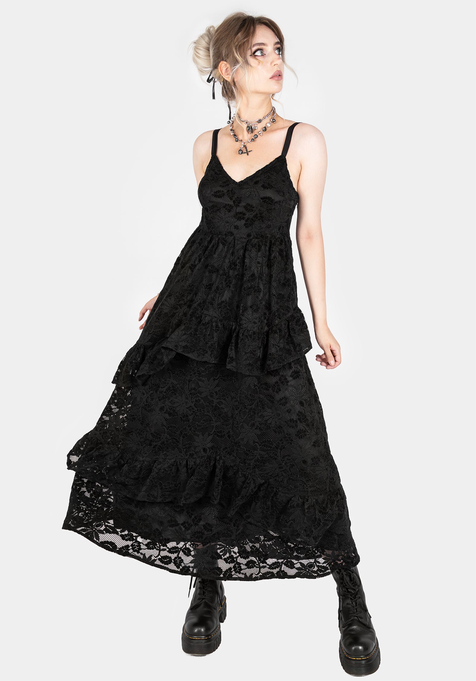 Black Floral Lace Tiered Dress with V-Neck | Dauphine