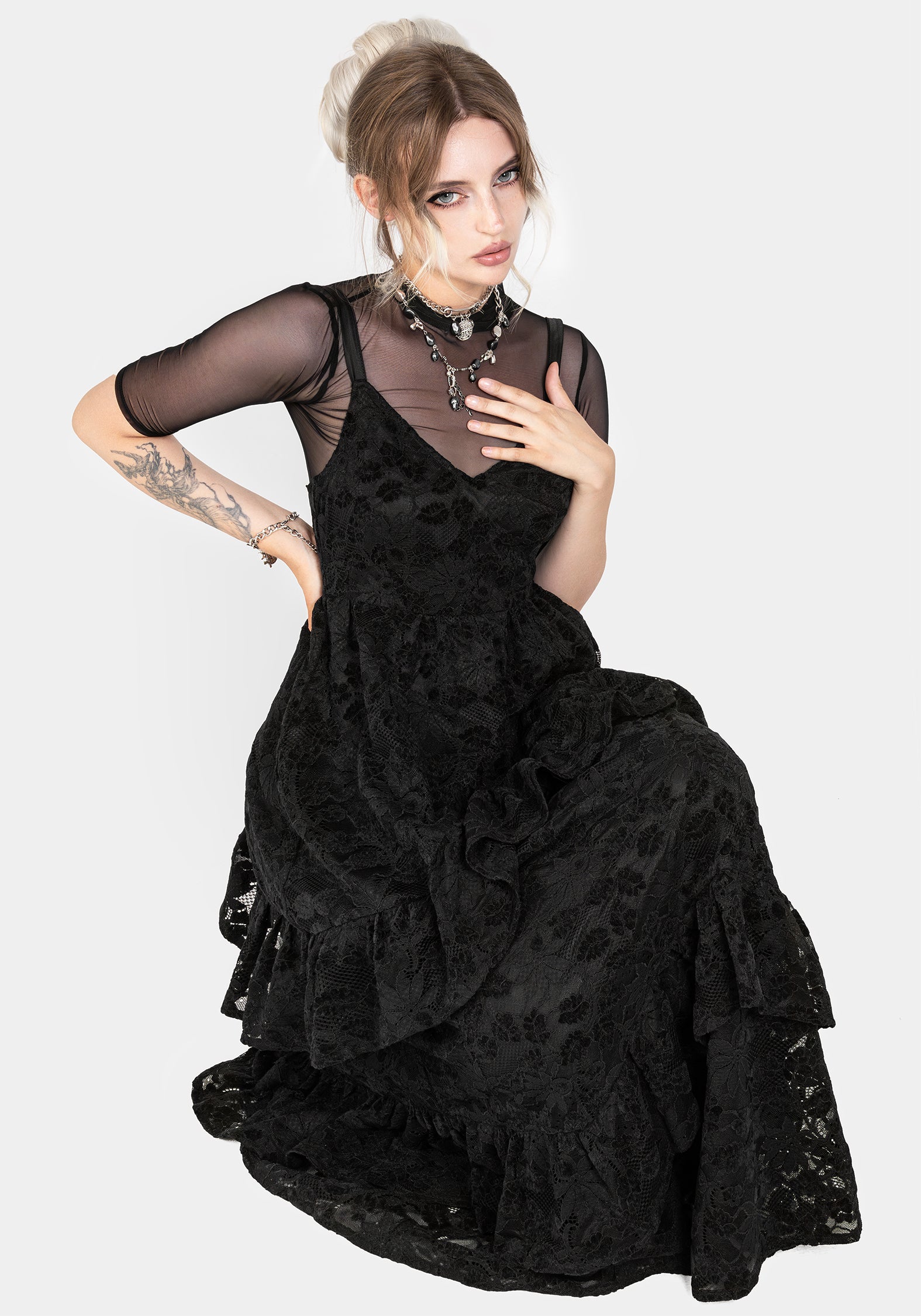 Black Floral Lace Tiered Dress with V-Neck | Dauphine