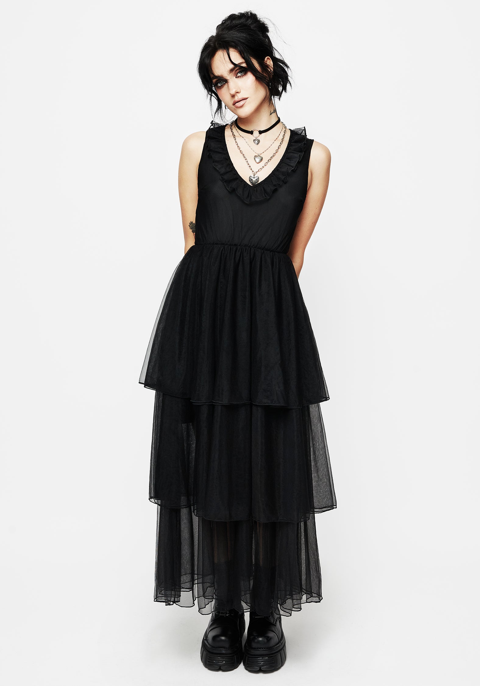 Layered Tulle Maxi Dress with V-Neck & Flared Skirt | Opus