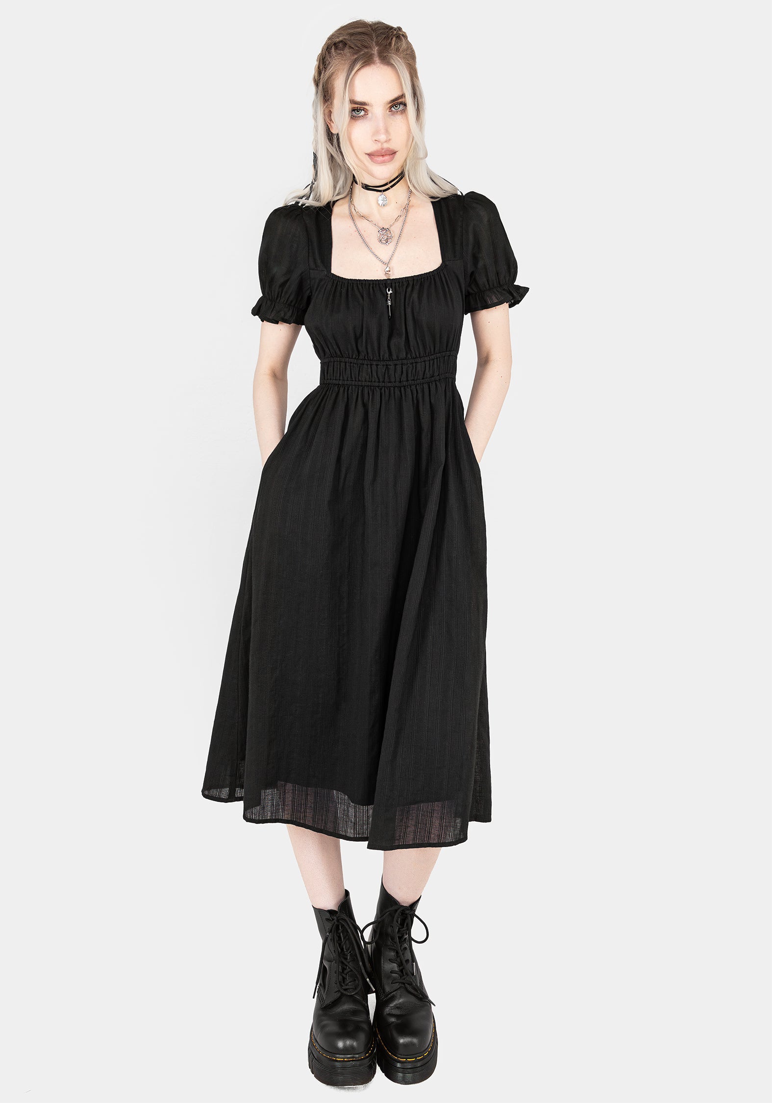 Black Crinkle Cotton Midi Dress with Puffed Sleeves & Pockets