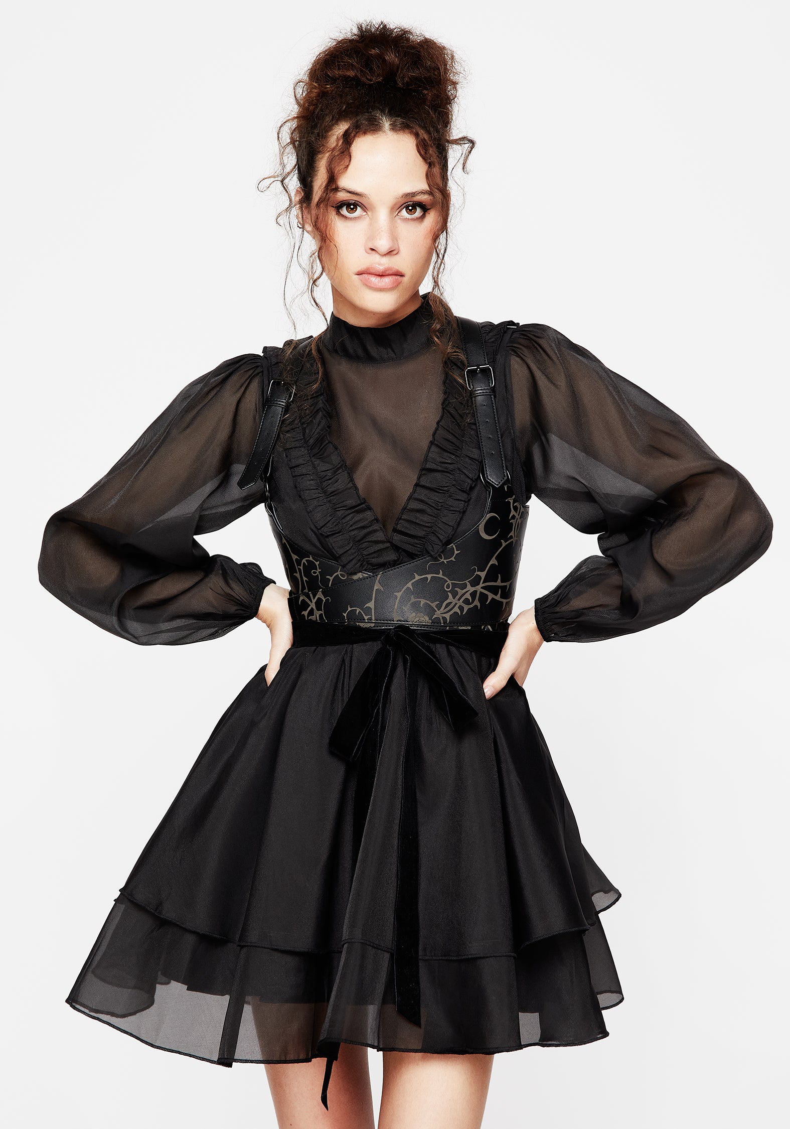 Black Sheer Organza Frill Mini Dress with Layered Skirt | Morose