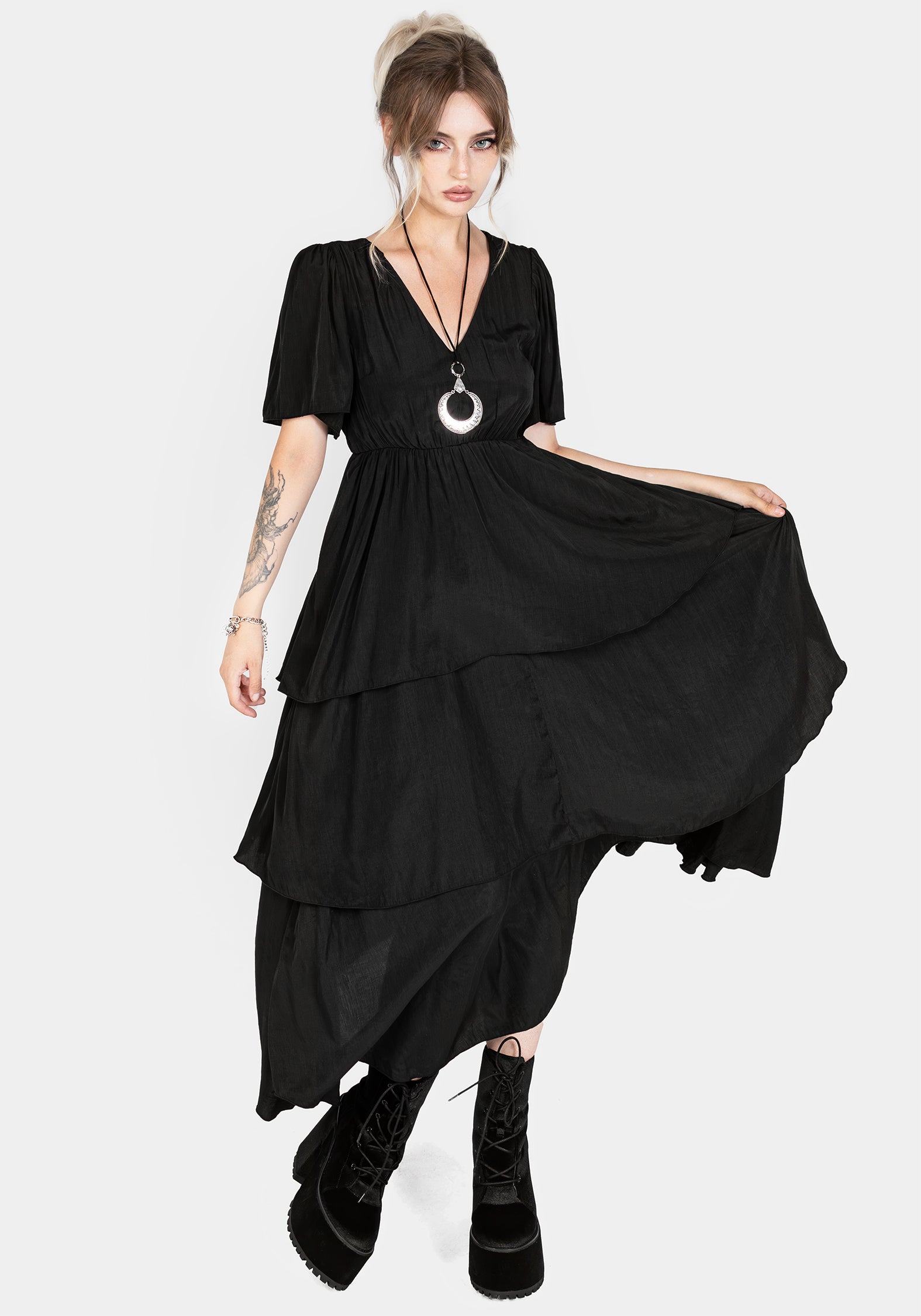 Black Tiered Midaxi Dress with V-Neck & Open Back | Lumen