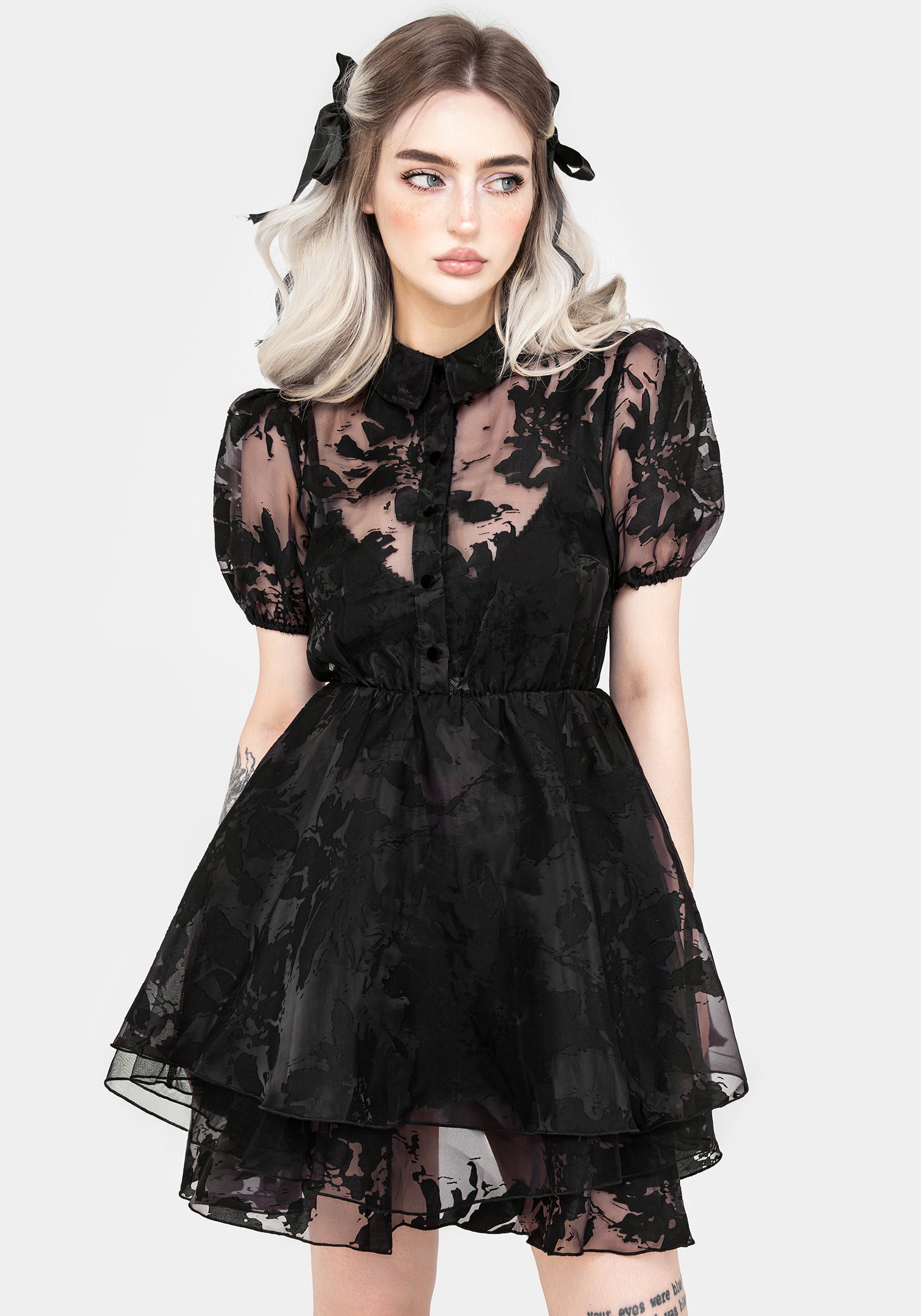 Black Floral Devore Mini Shirt Dress with Layered Skirt | Spectre