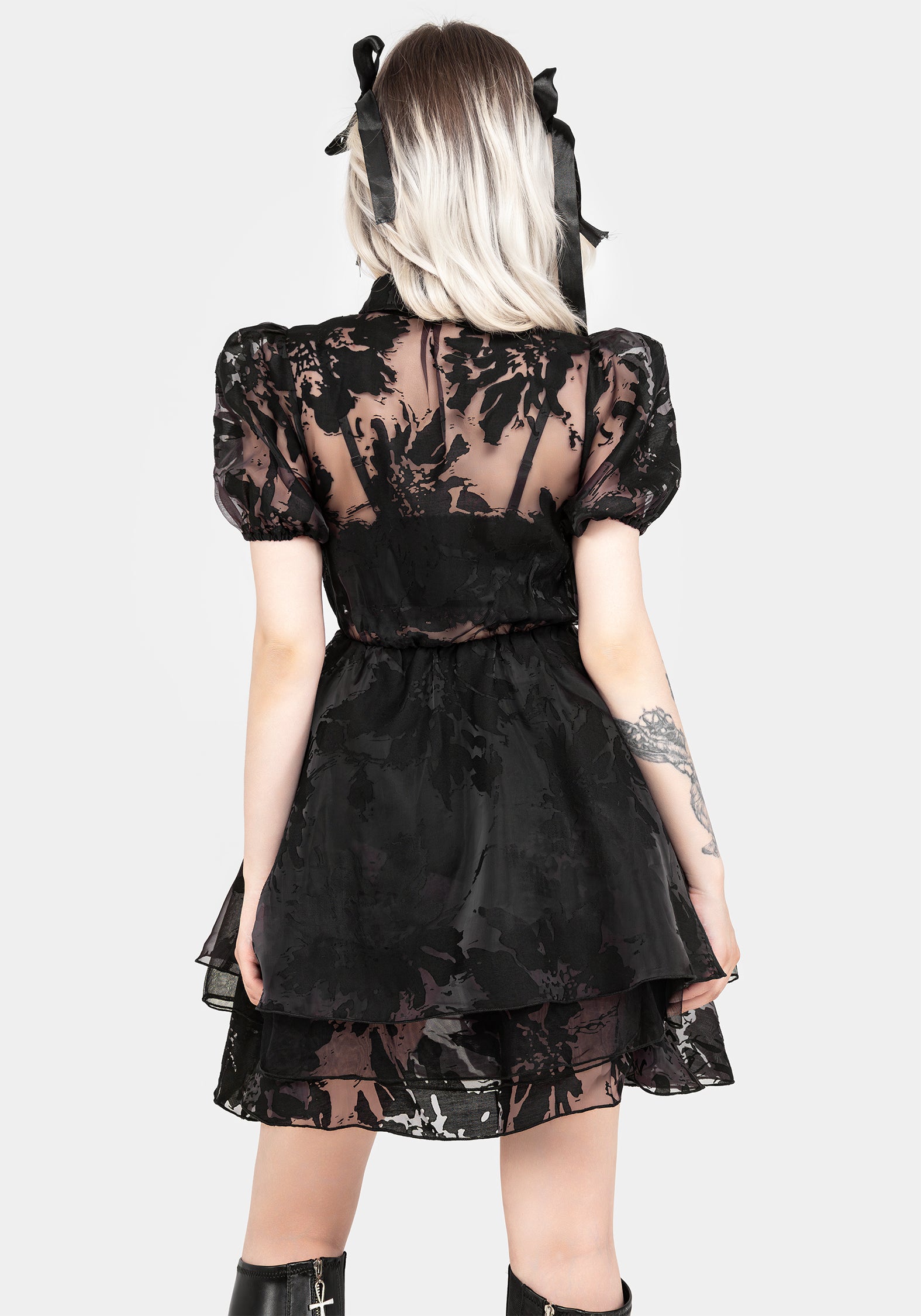 Black Floral Devore Mini Shirt Dress with Layered Skirt | Spectre