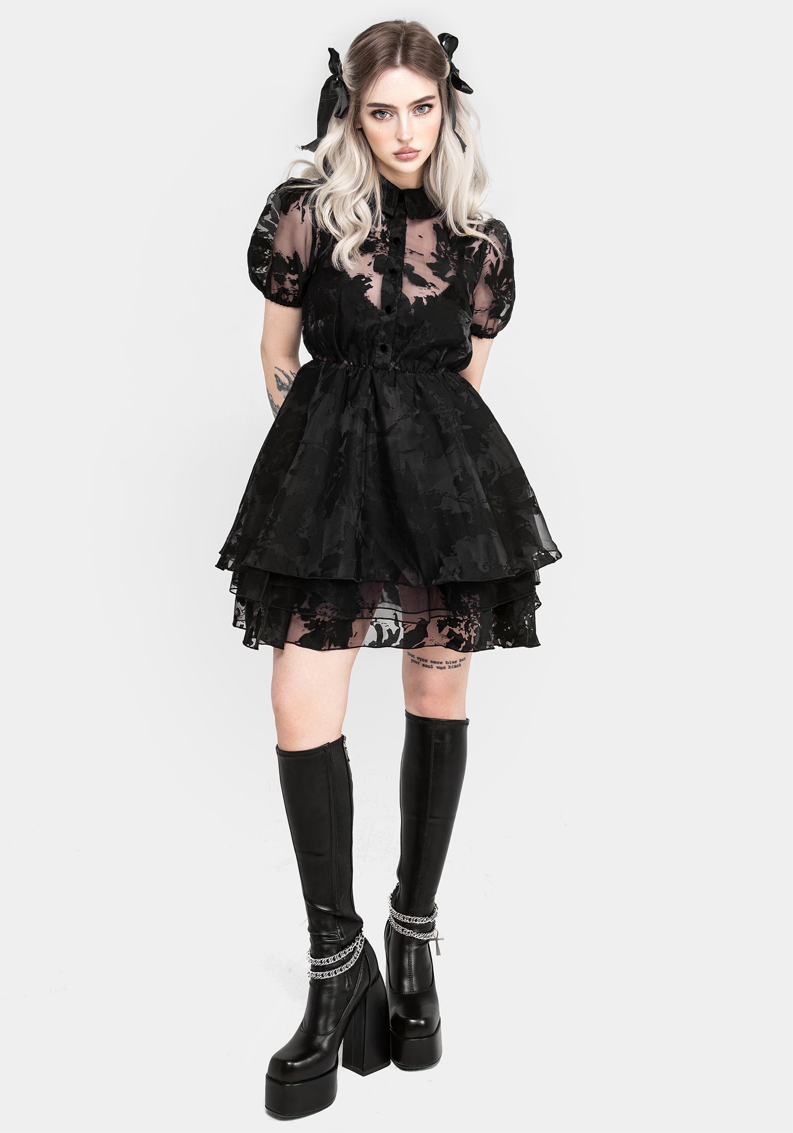 Black Floral Devore Mini Shirt Dress with Layered Skirt | Spectre
