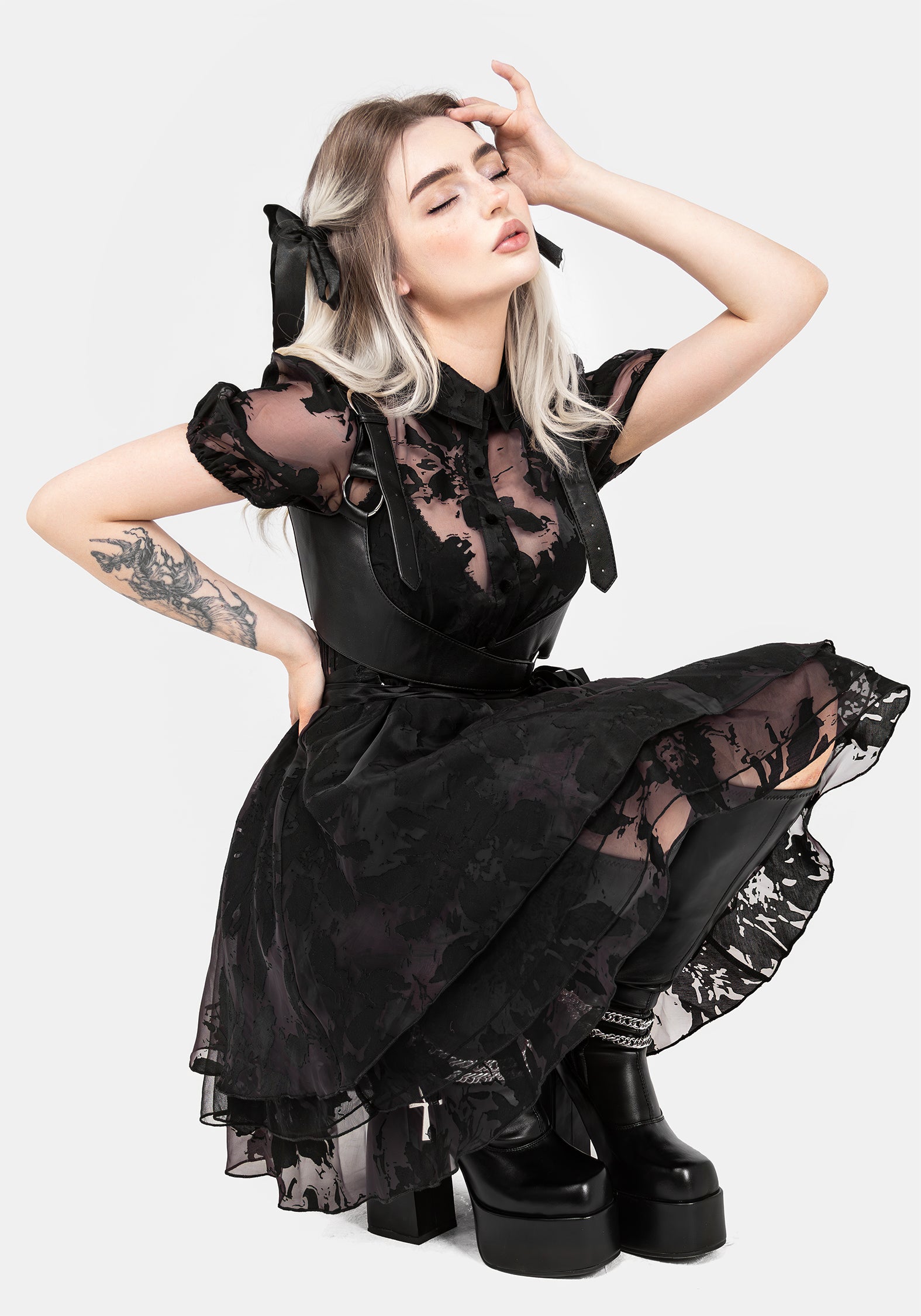 Black Floral Devore Mini Shirt Dress with Layered Skirt | Spectre