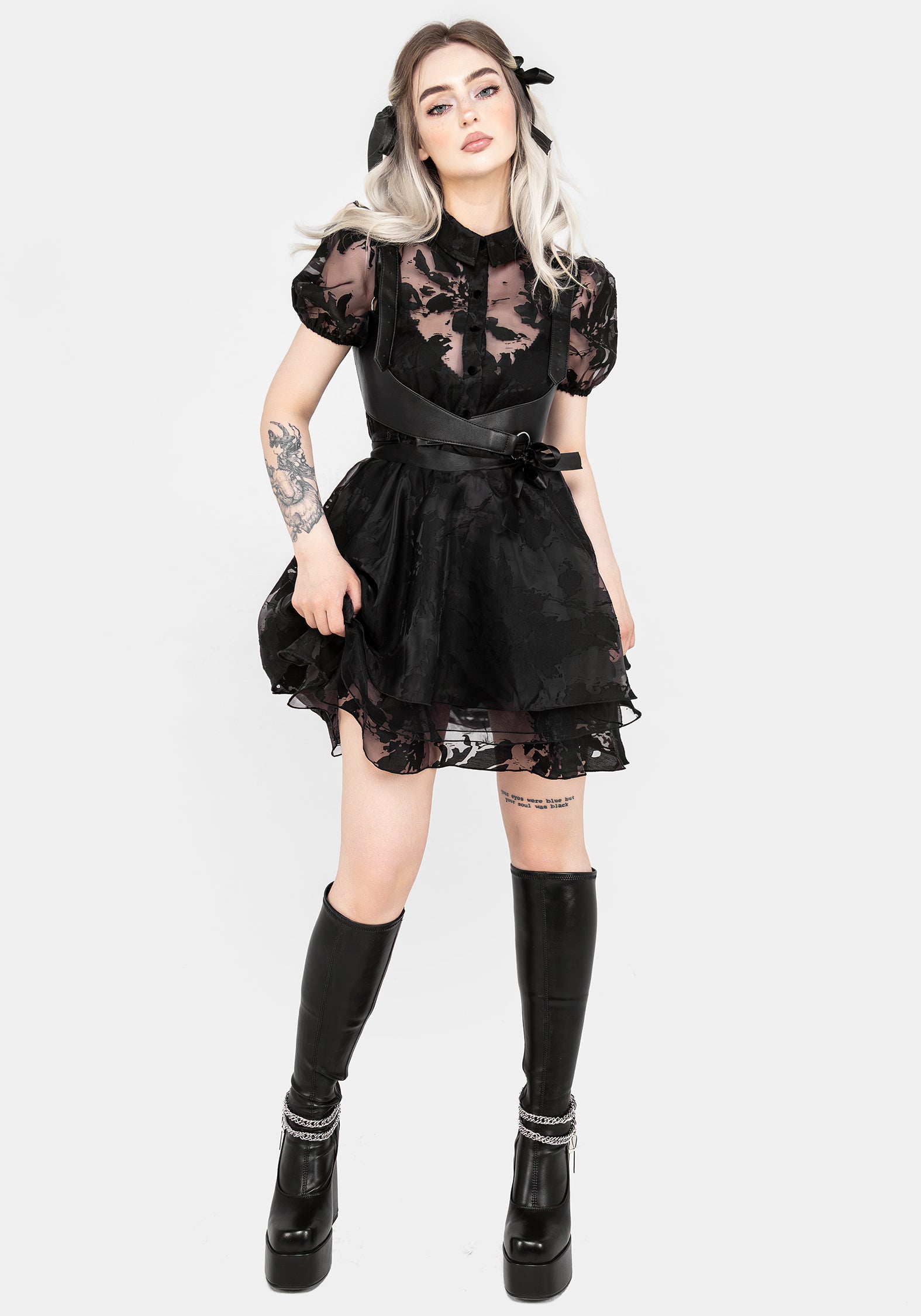 Black Floral Devore Mini Shirt Dress with Layered Skirt | Spectre