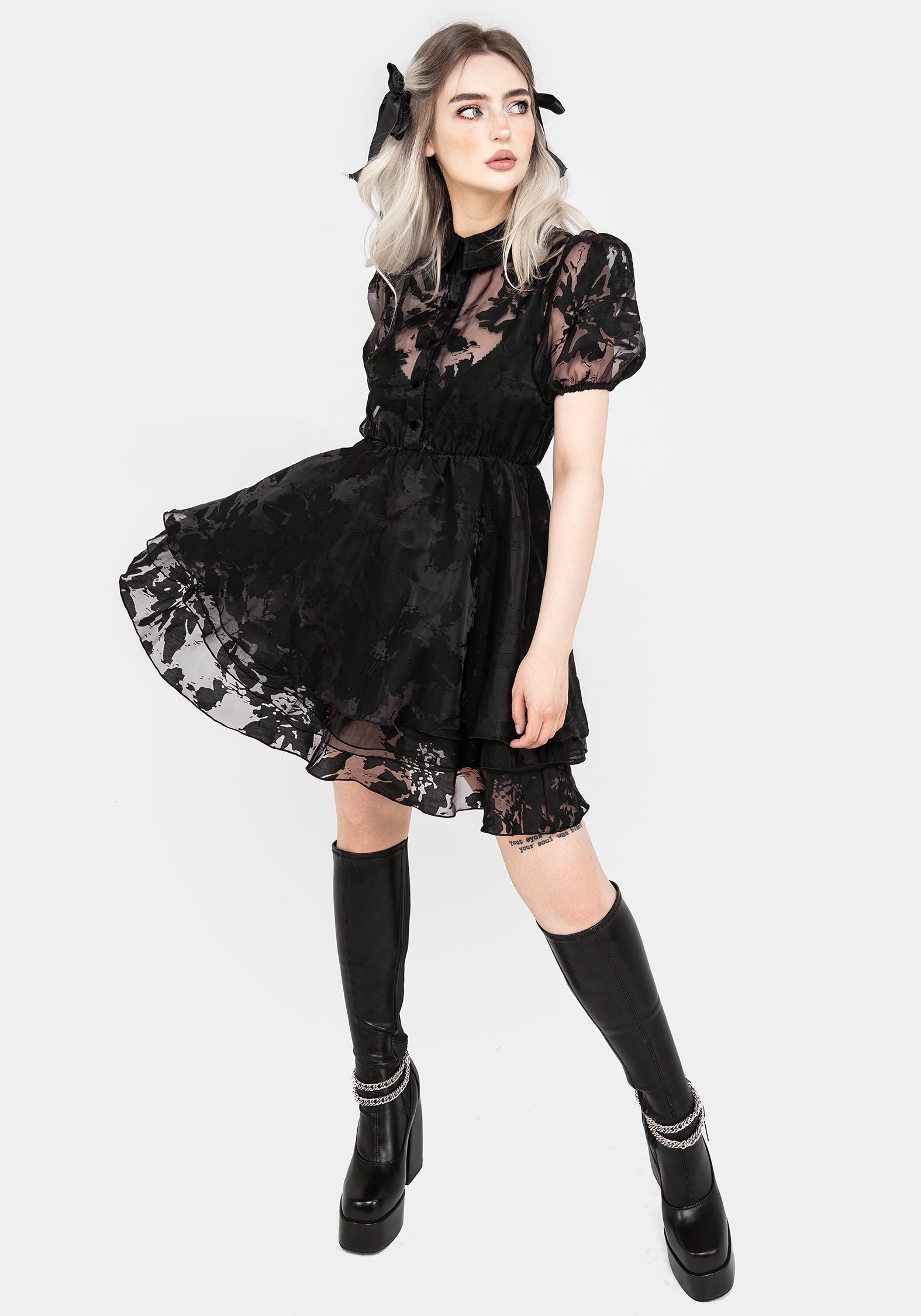 Black Floral Devore Mini Shirt Dress with Layered Skirt | Spectre