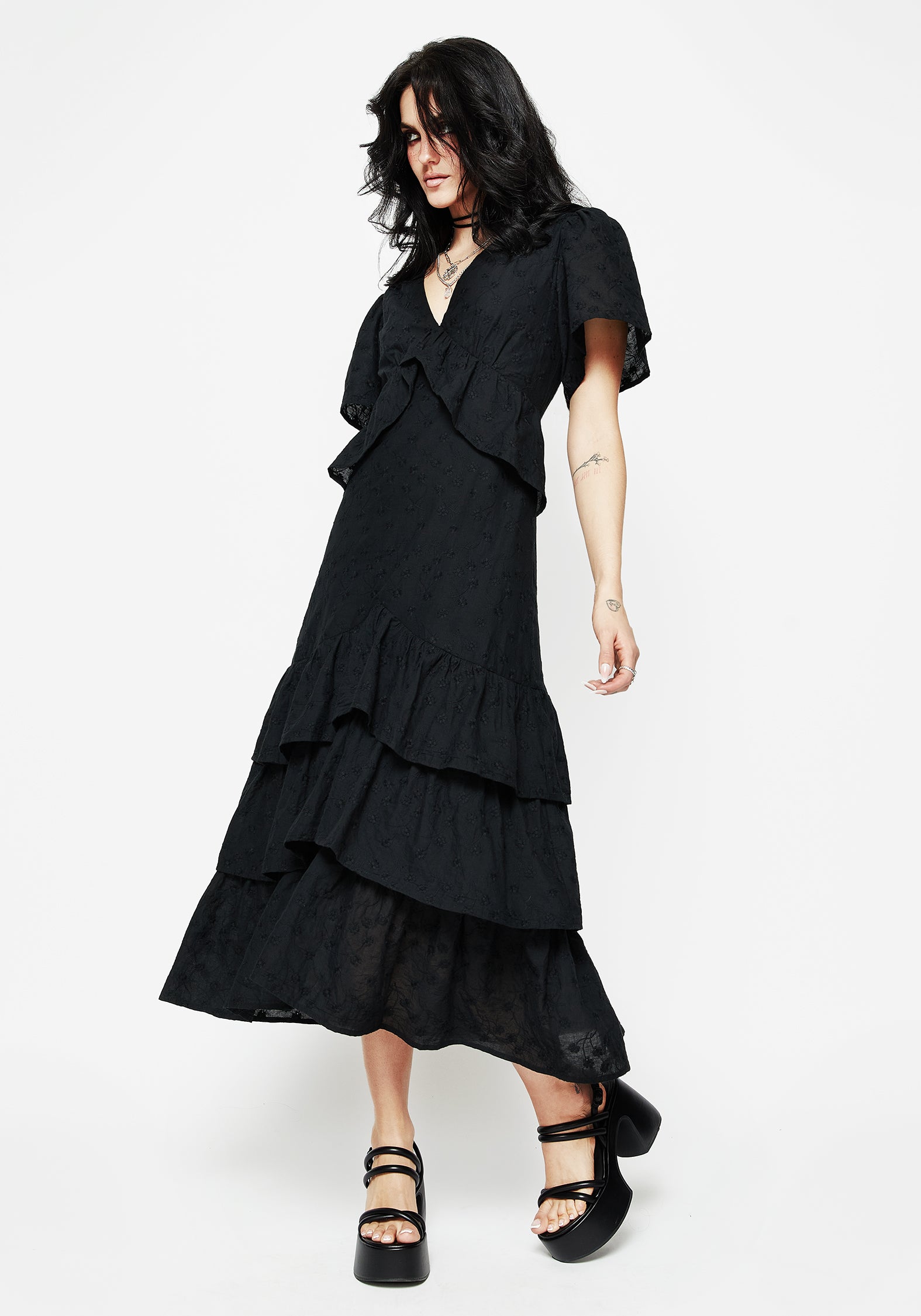 Black Floral Embroidered Peplum Dress with Tiered Skirt | Rowena