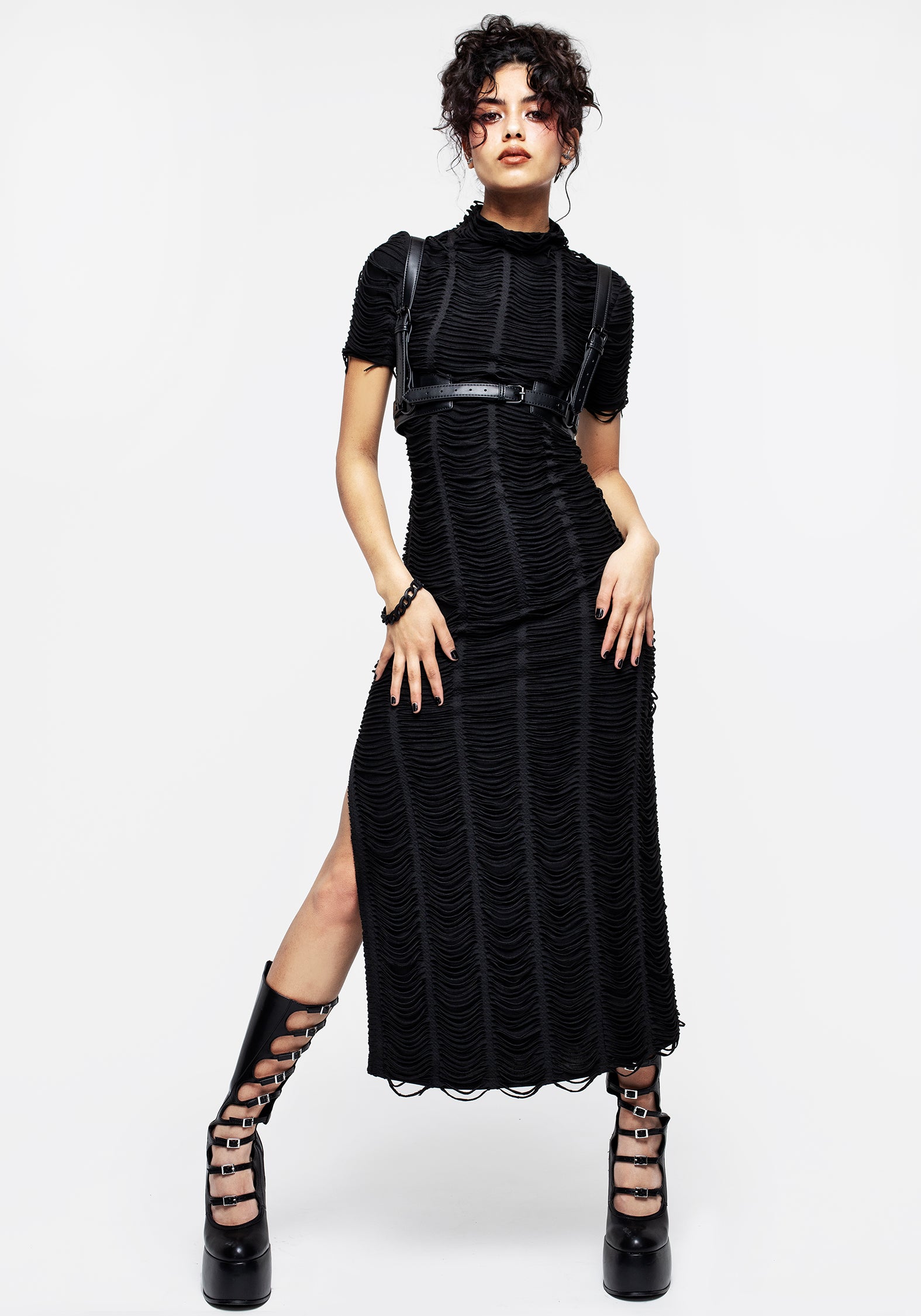 Distressed Black Maxi Dress with Side Split | Feud