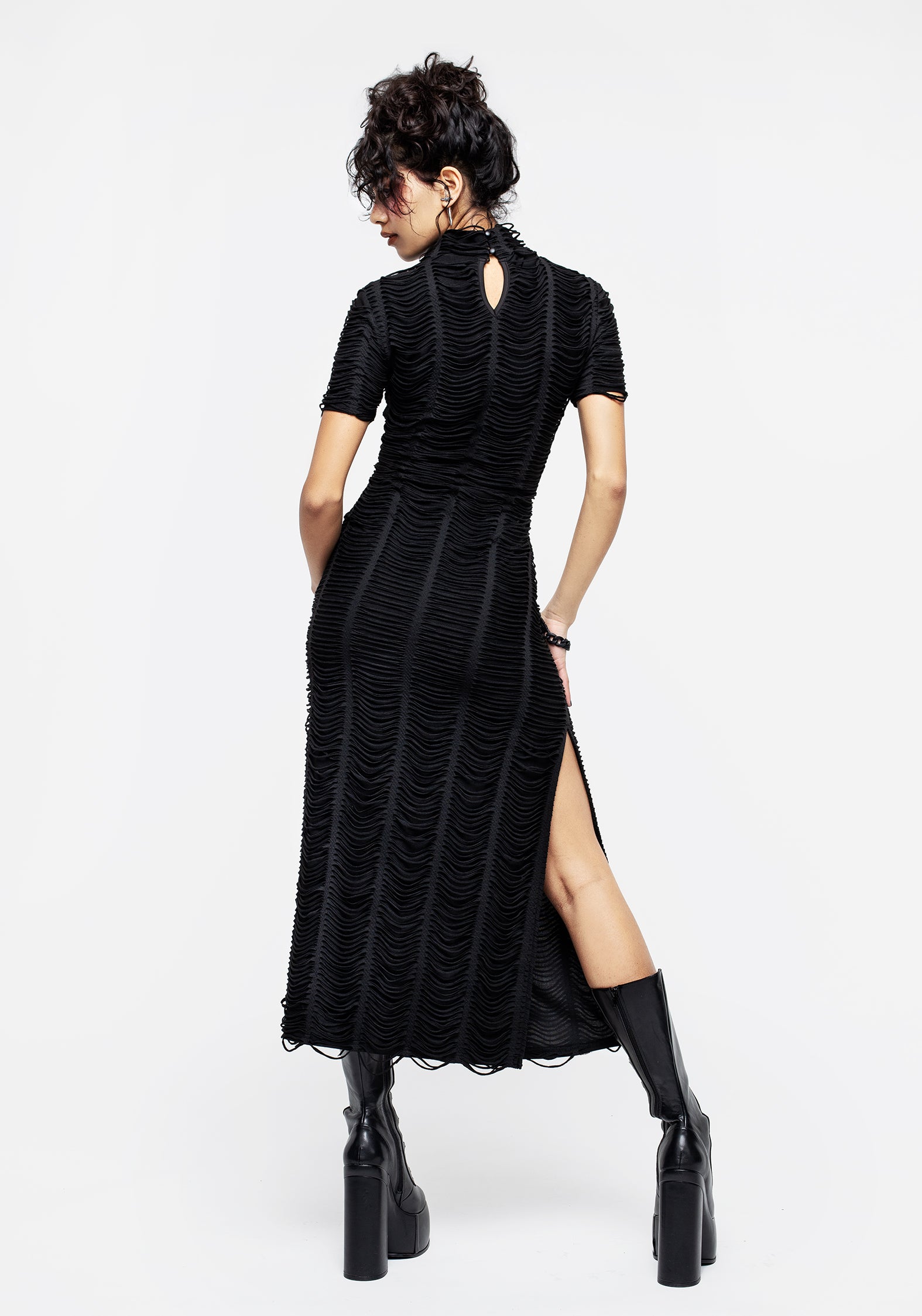 Distressed Black Maxi Dress with Side Split | Feud