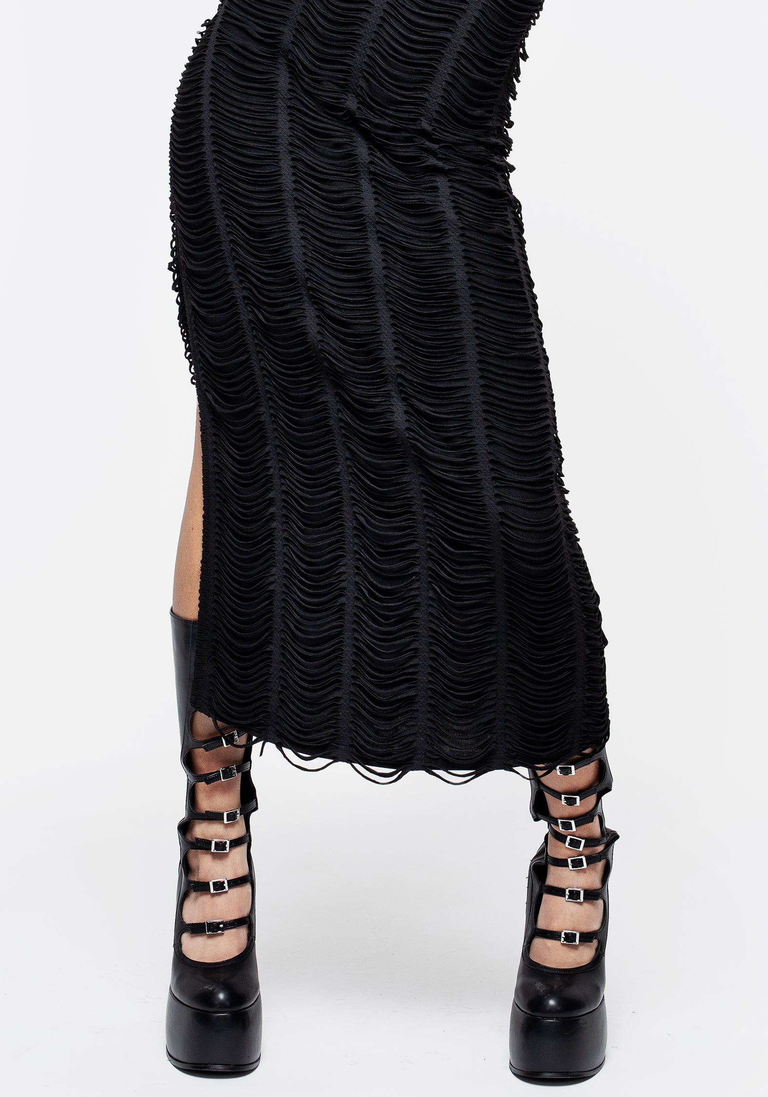 Distressed Black Maxi Dress with Side Split | Feud