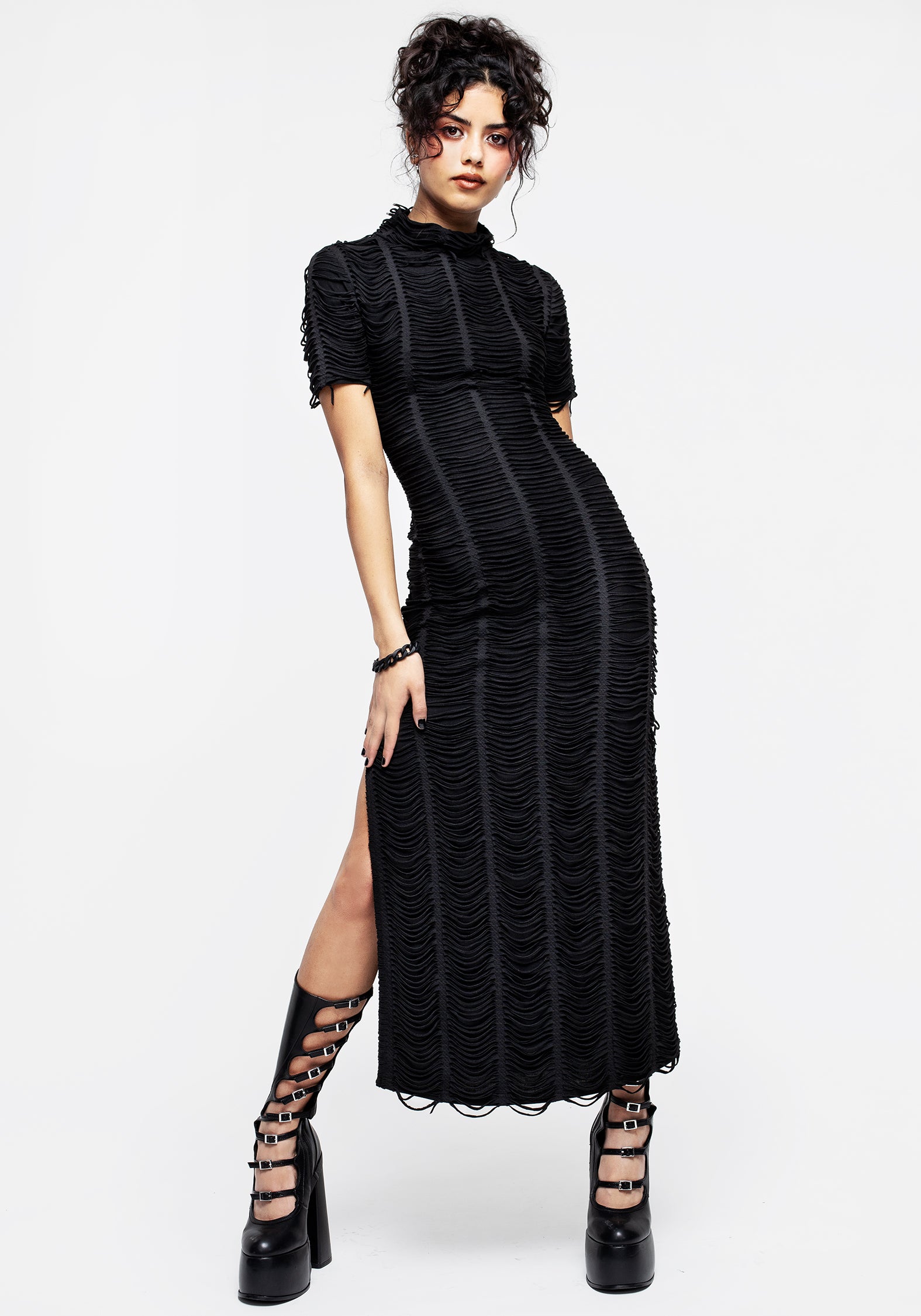 Distressed Black Maxi Dress with Side Split | Feud