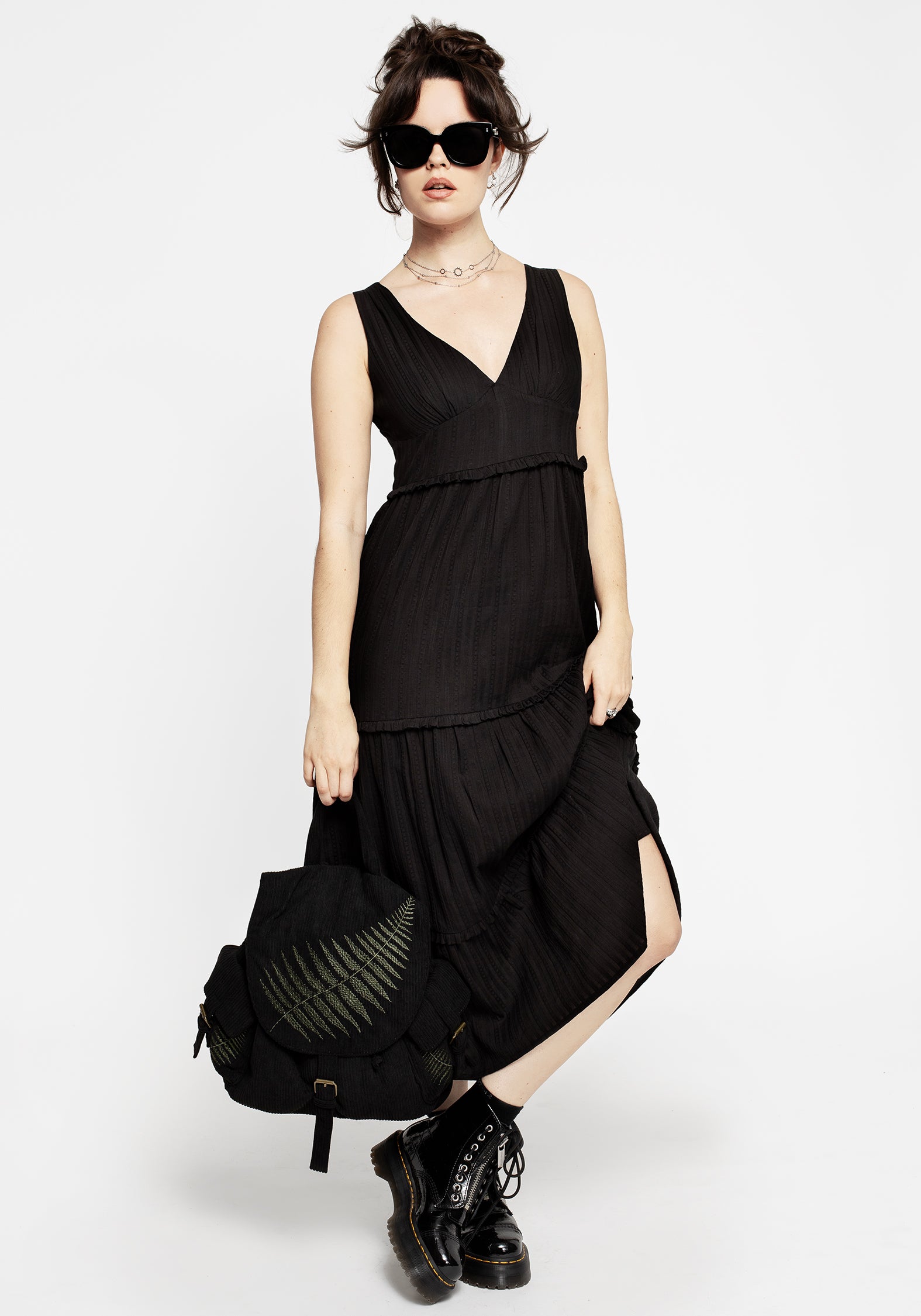 Black Tiered Frill Midaxi Dress with V-Neck & Waist Panel | Hereka
