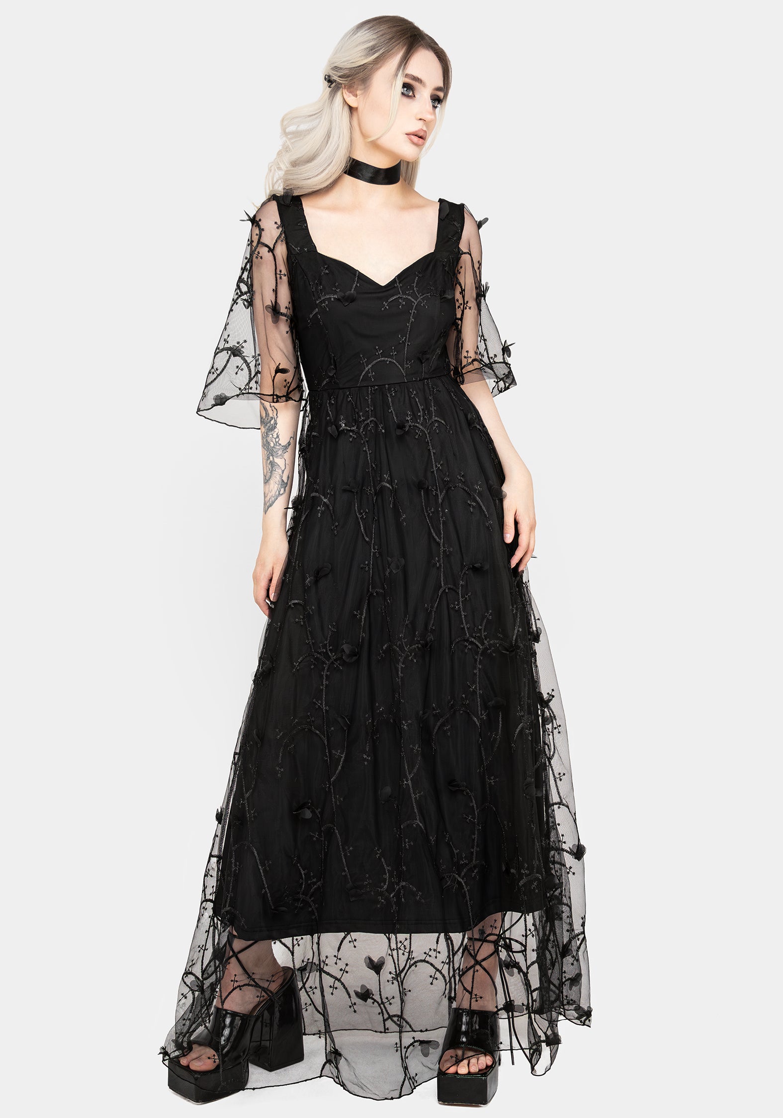 Floral Embroidered Mesh Gown with Sweetheart Neckline | Vine