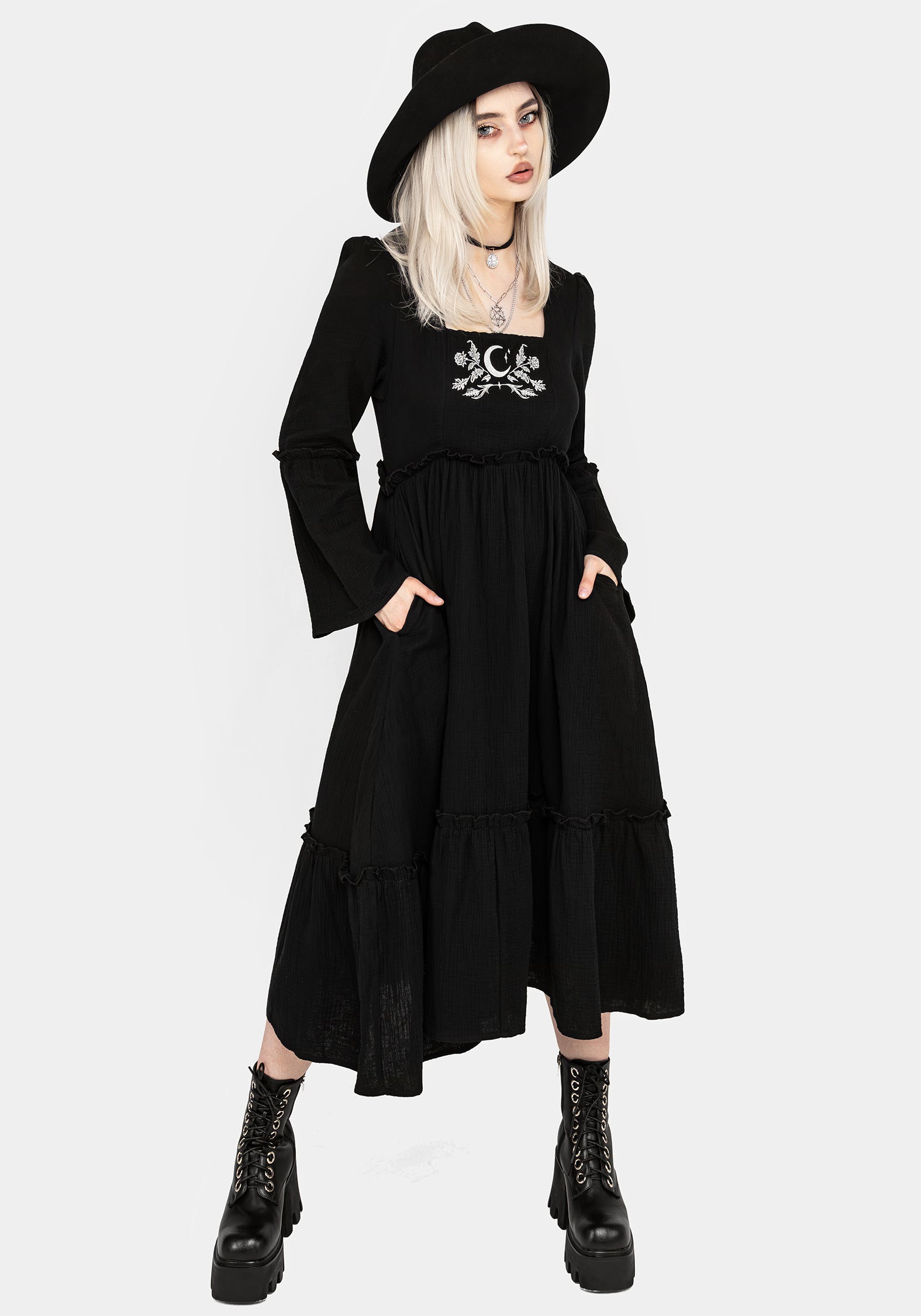 Black Embroidered Midi Dress with Flared Sleeves | Aradia
