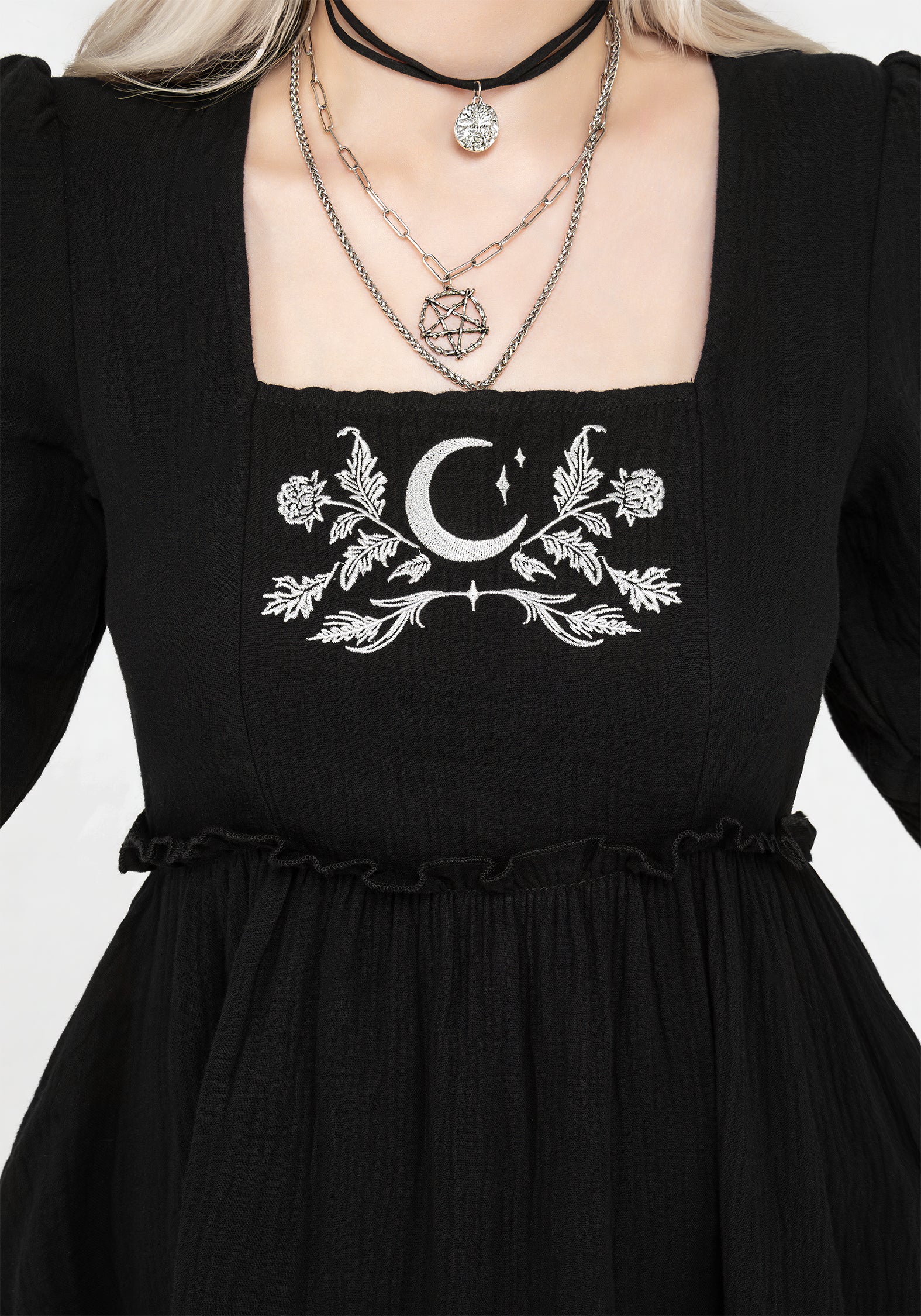 Black Embroidered Midi Dress with Flared Sleeves | Aradia