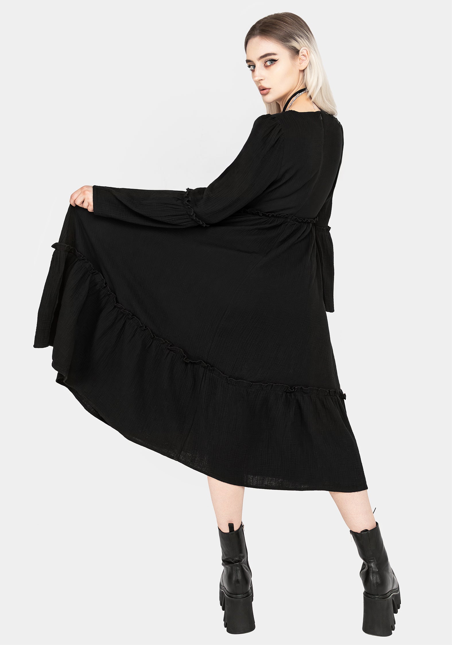 Black Embroidered Midi Dress with Flared Sleeves | Aradia