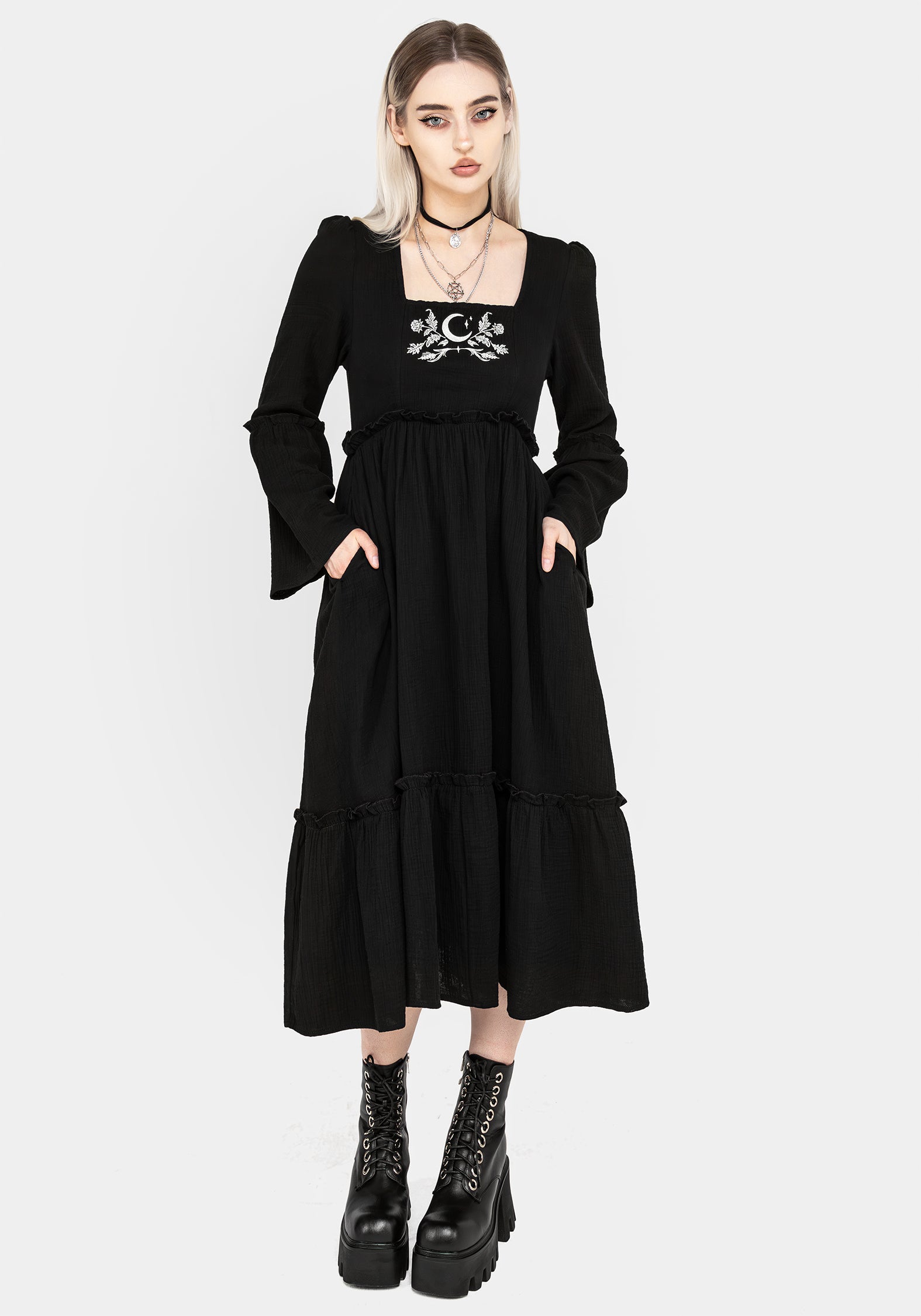 Black Embroidered Midi Dress with Flared Sleeves | Aradia