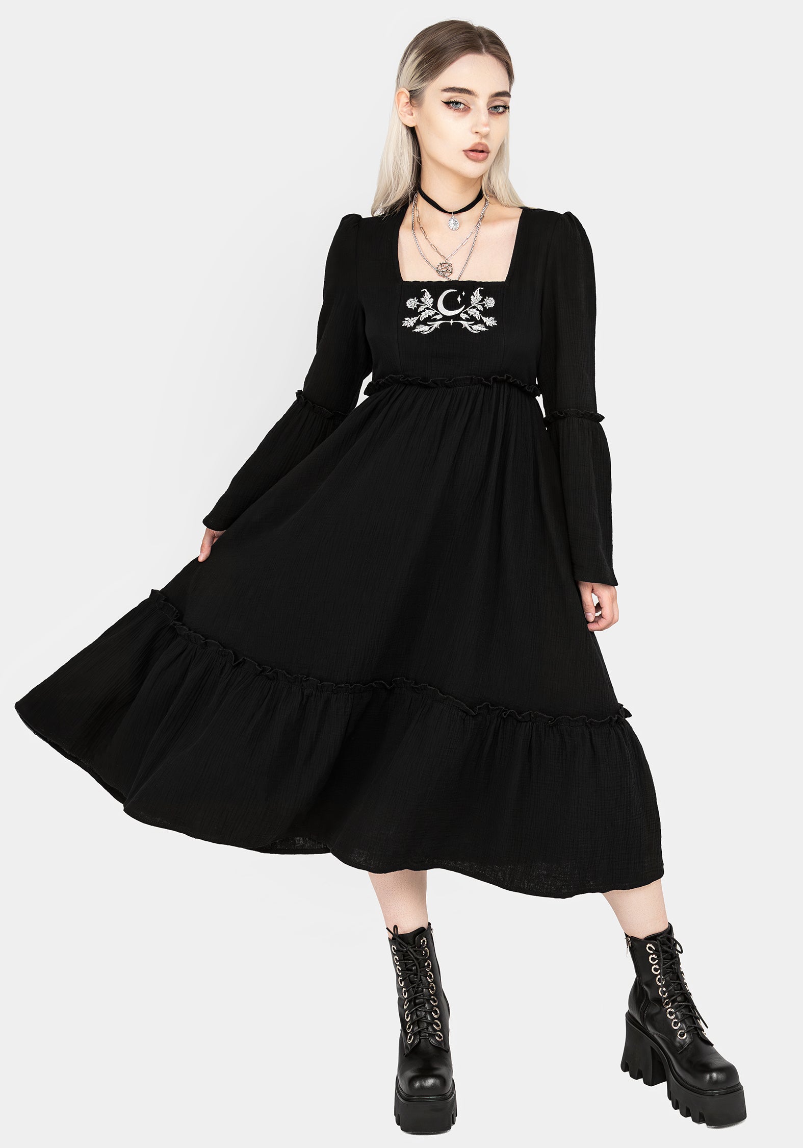Black Embroidered Midi Dress with Flared Sleeves | Aradia