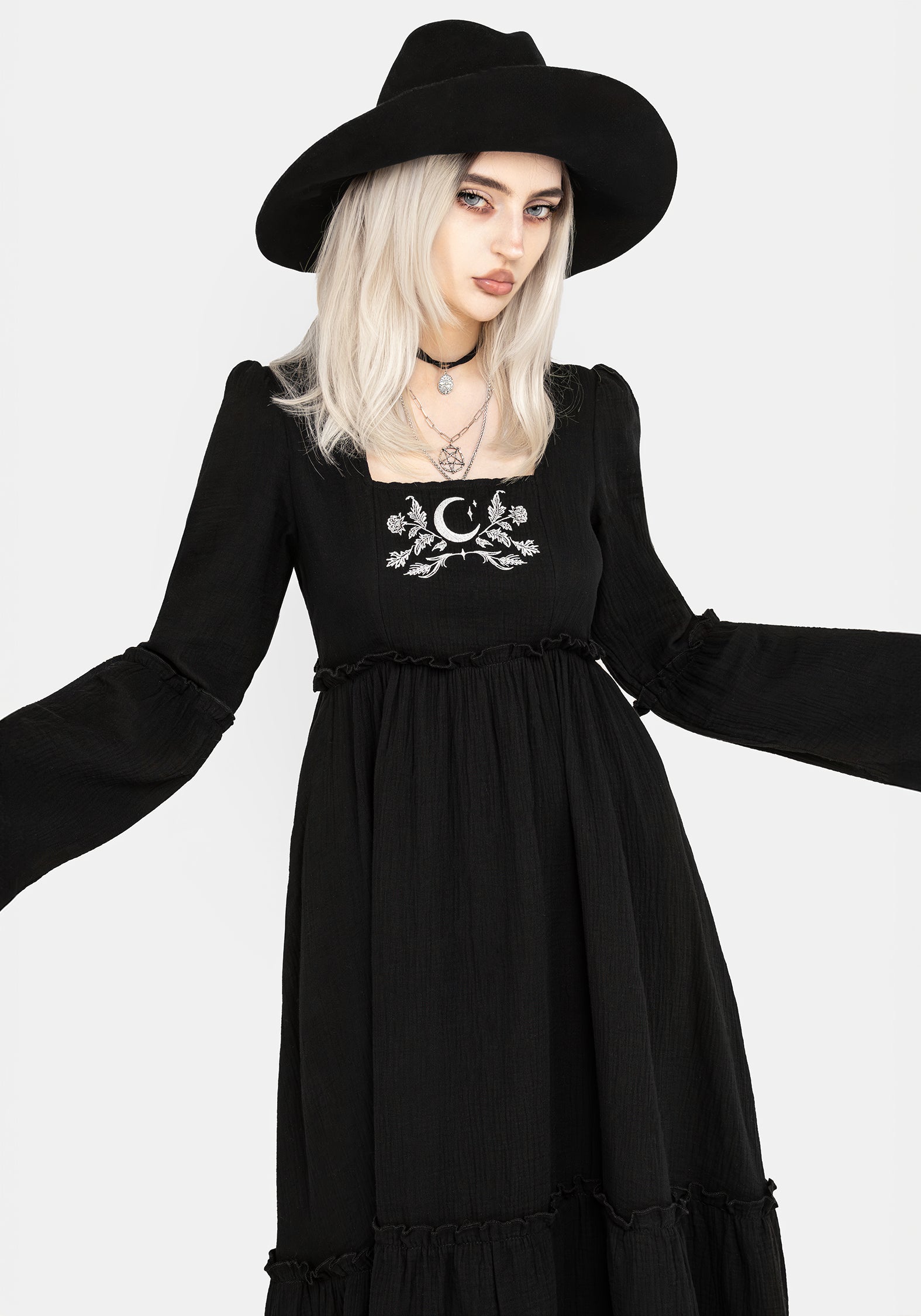 Black Embroidered Midi Dress with Flared Sleeves | Aradia