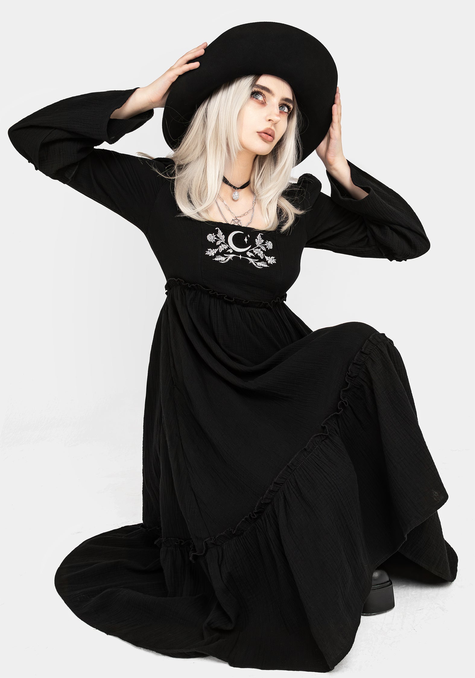 Black Embroidered Midi Dress with Flared Sleeves | Aradia