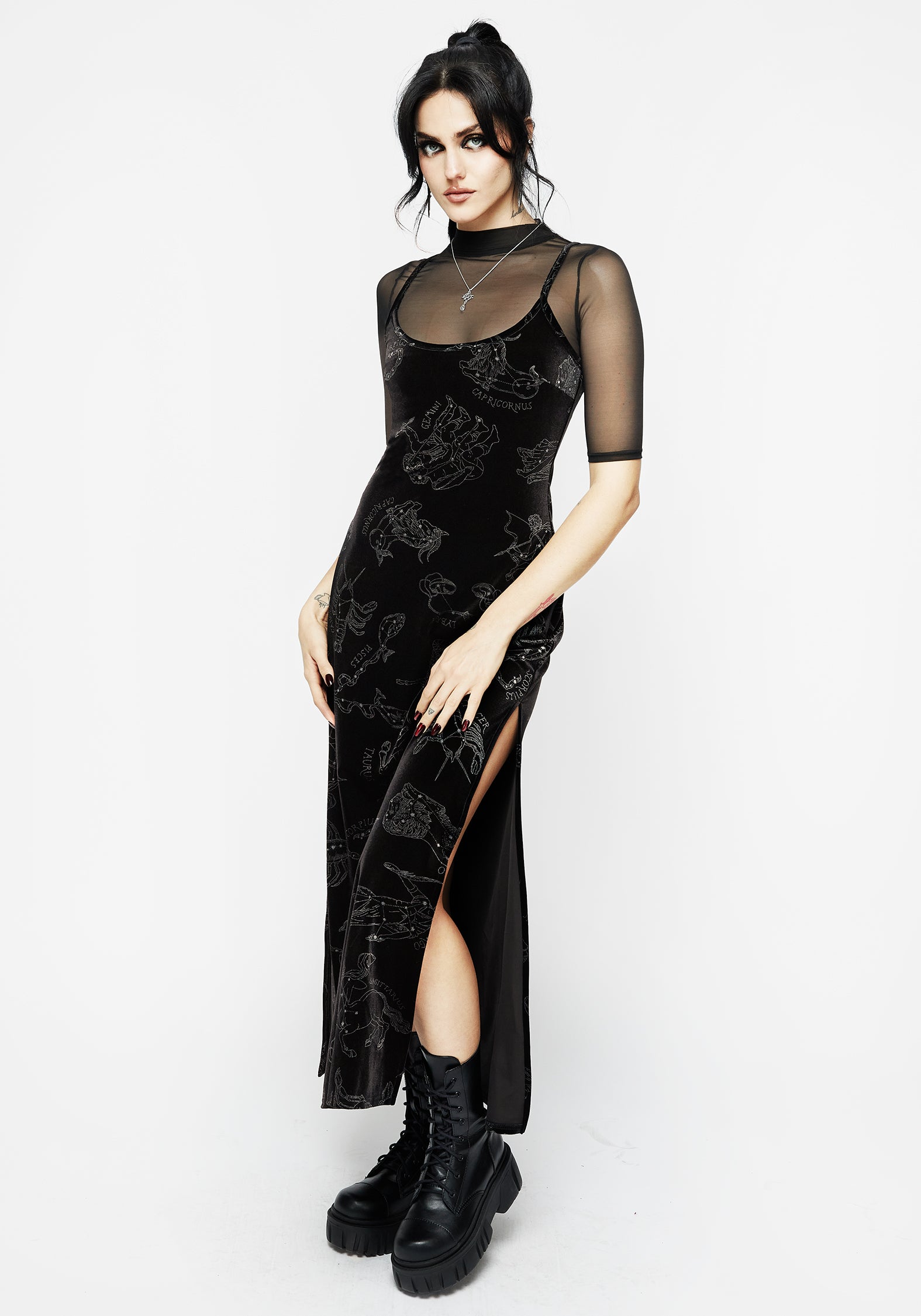 Black Velour Zodiac Slip Gown with Silver Foil Print | Maxi-Length