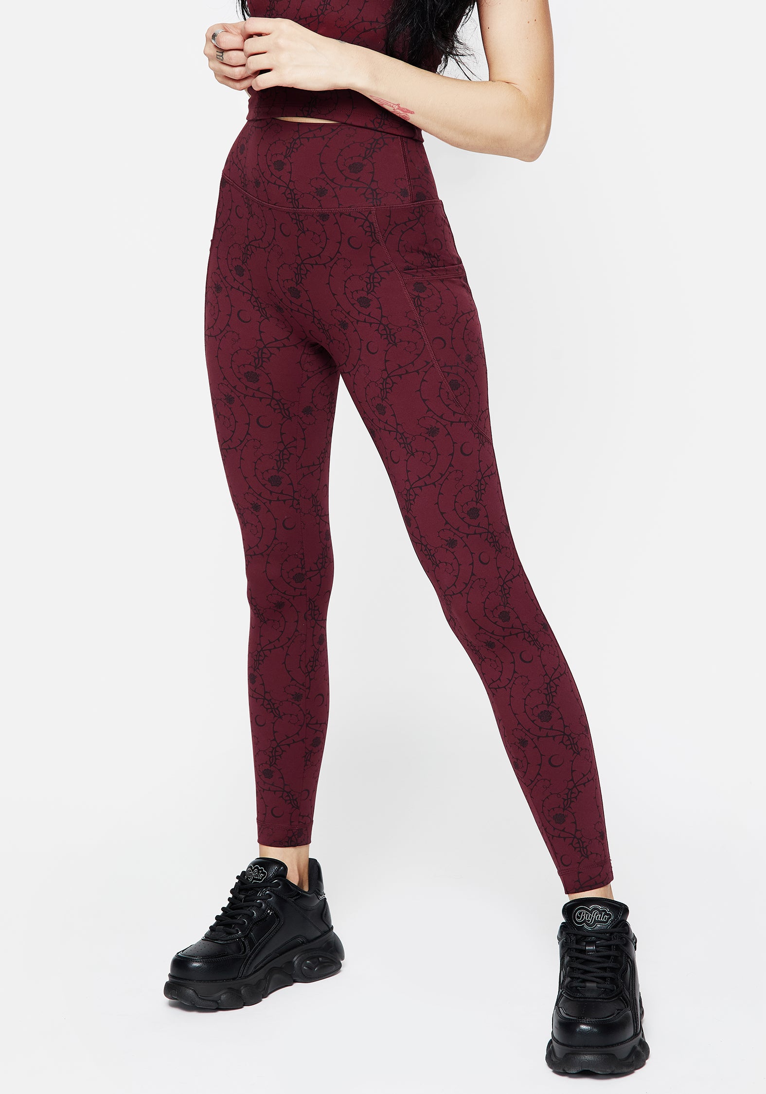 Floral Print Sports Leggings with Pockets & High-Rise Waist | Rosethorn