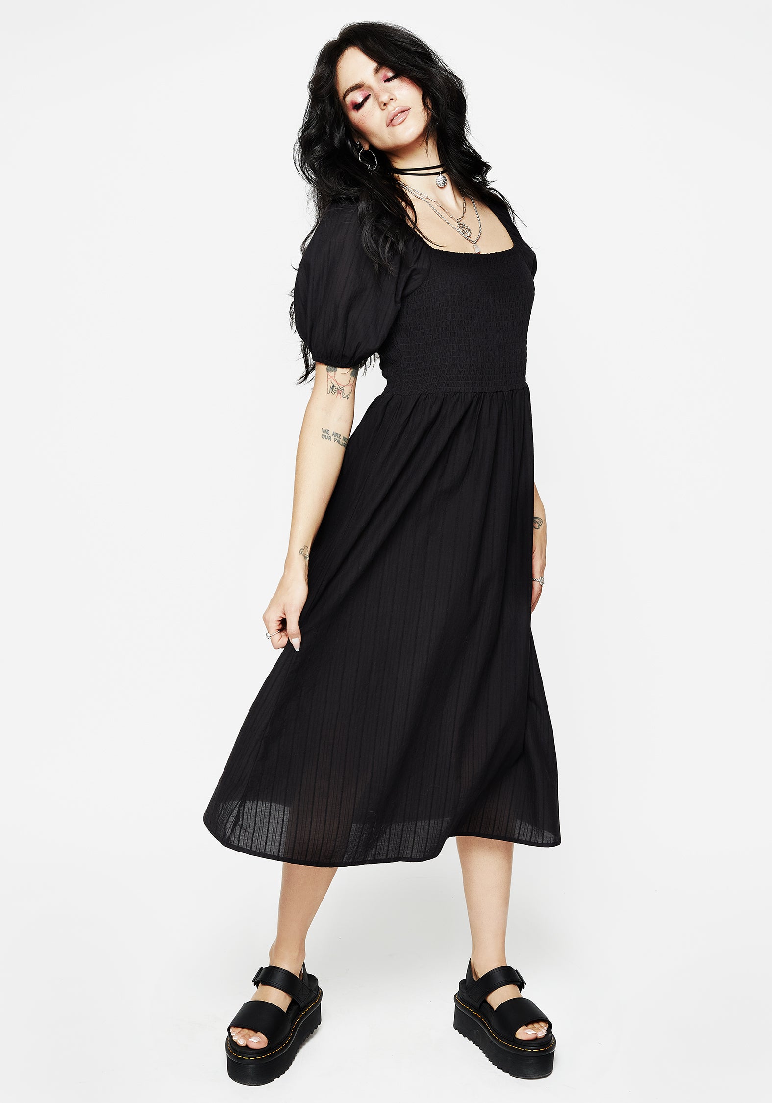 Black Puff Sleeve Midi Smock Dress with Ruching | Tamsin