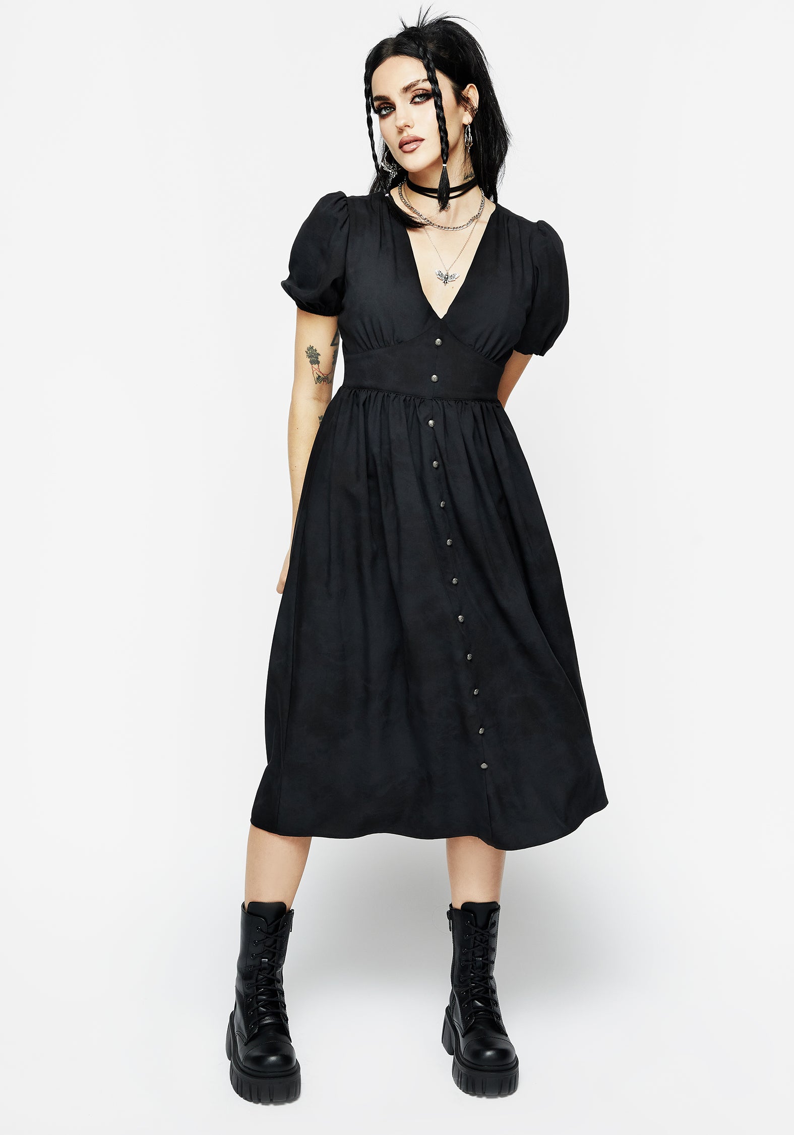 Black Button Front Corset Midi Dress with Puff Sleeves | Gladys