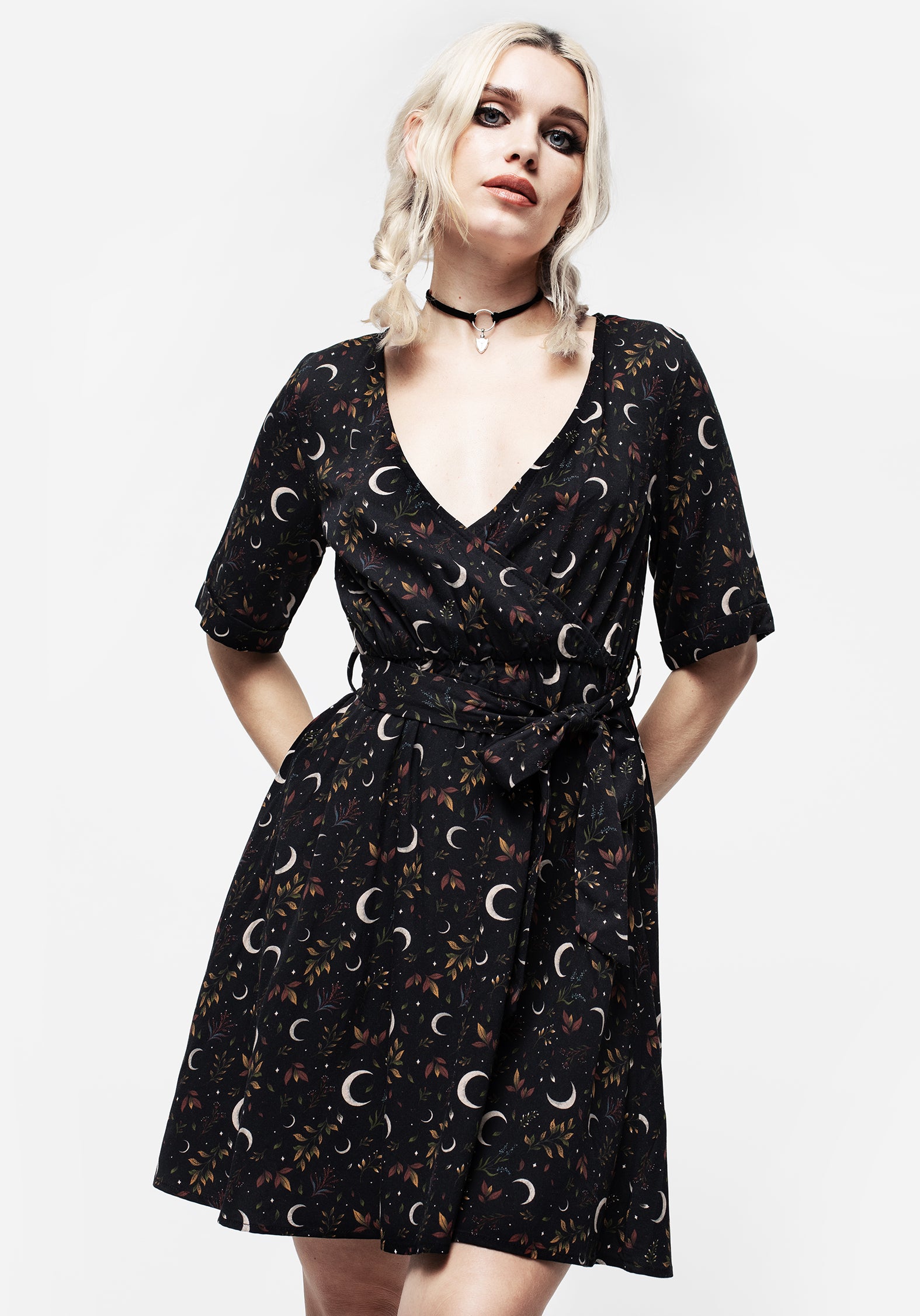 Black Floral Moon Print Mini Wrap Dress | Sickle Moon