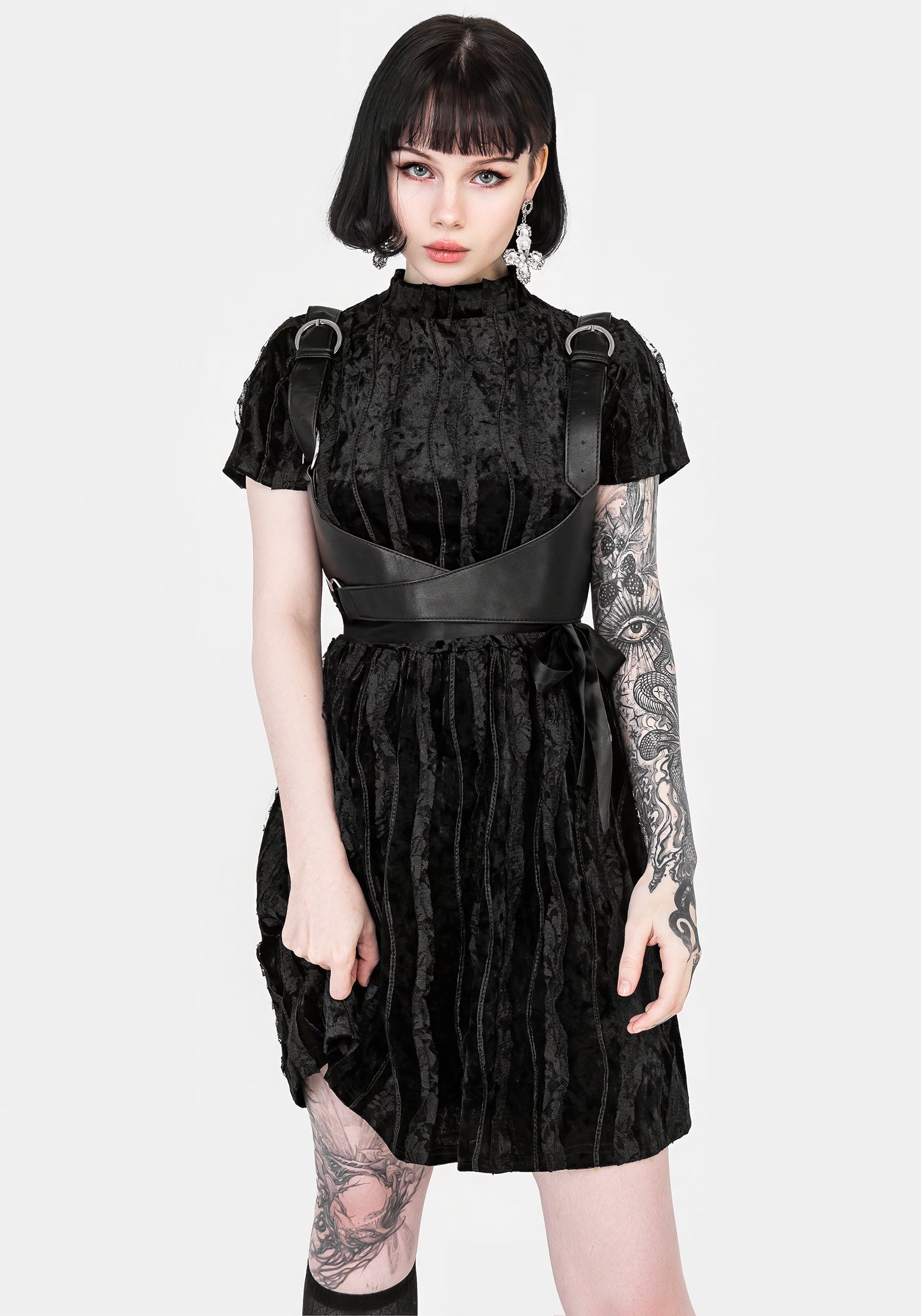 Black Velour Mini Dress with Lace Detail | Imogen Skater Dress