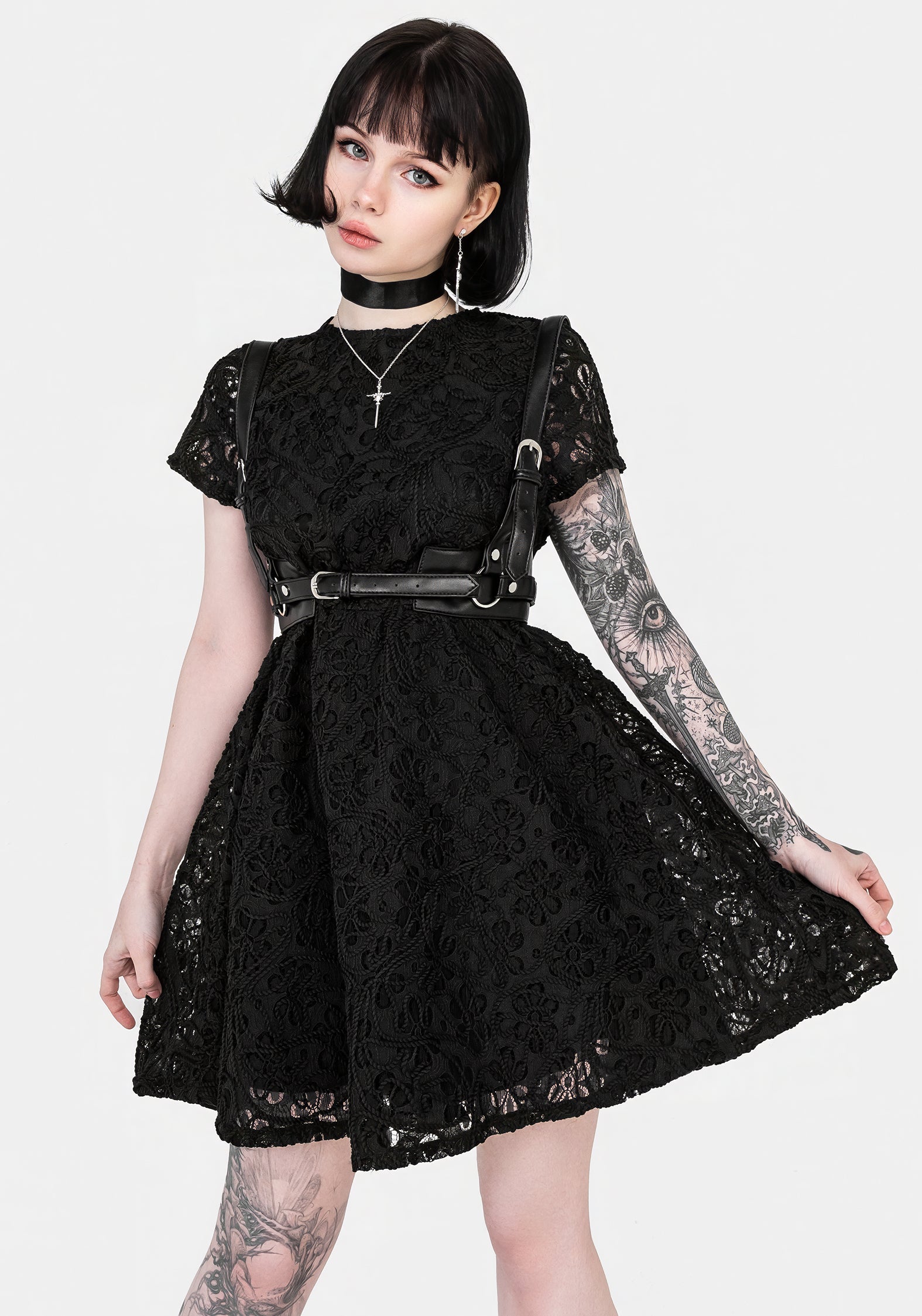 Black Floral Lace Mini Smock Dress with Cap Sleeves | Maladie