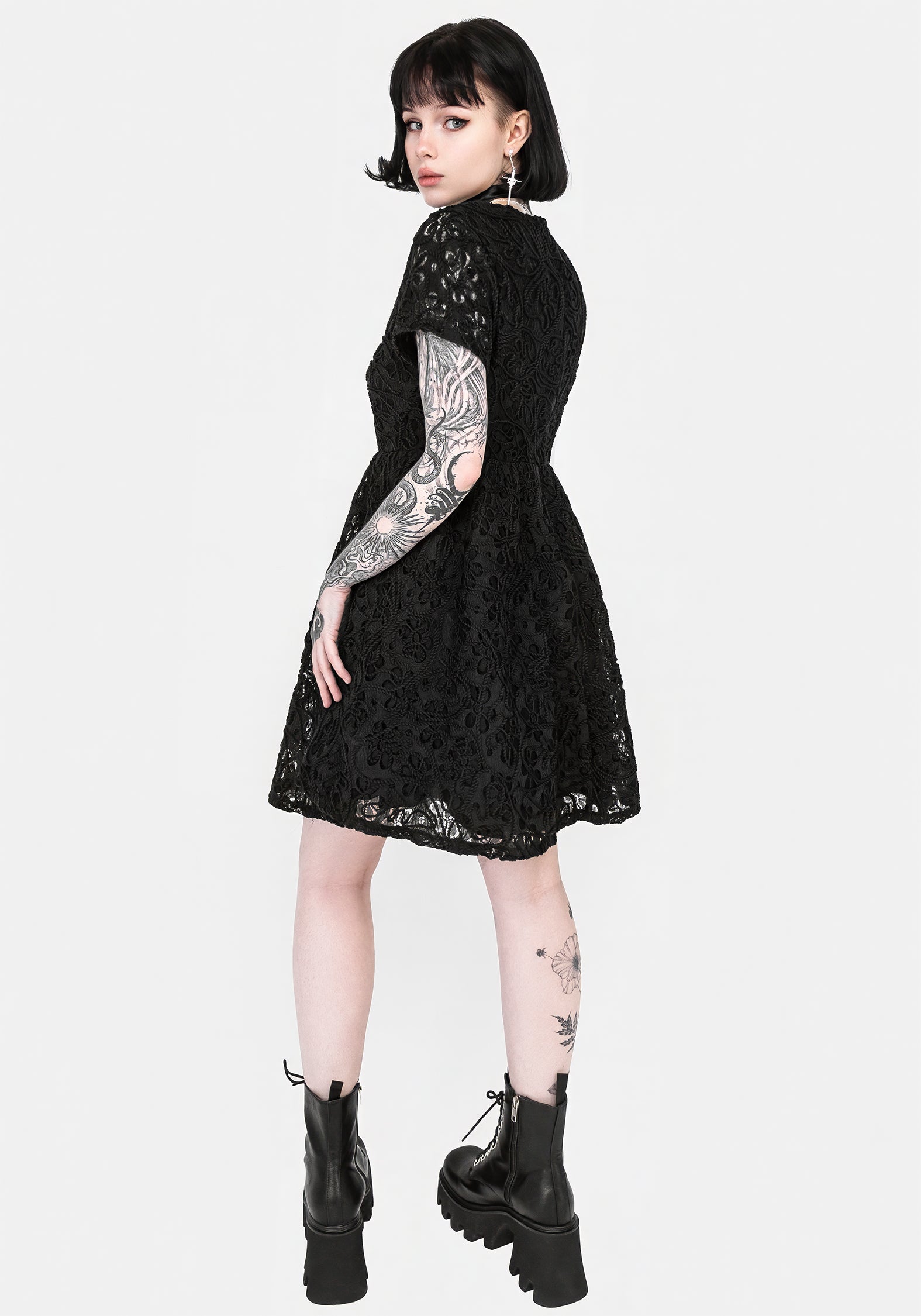 Black Floral Lace Mini Smock Dress with Cap Sleeves | Maladie