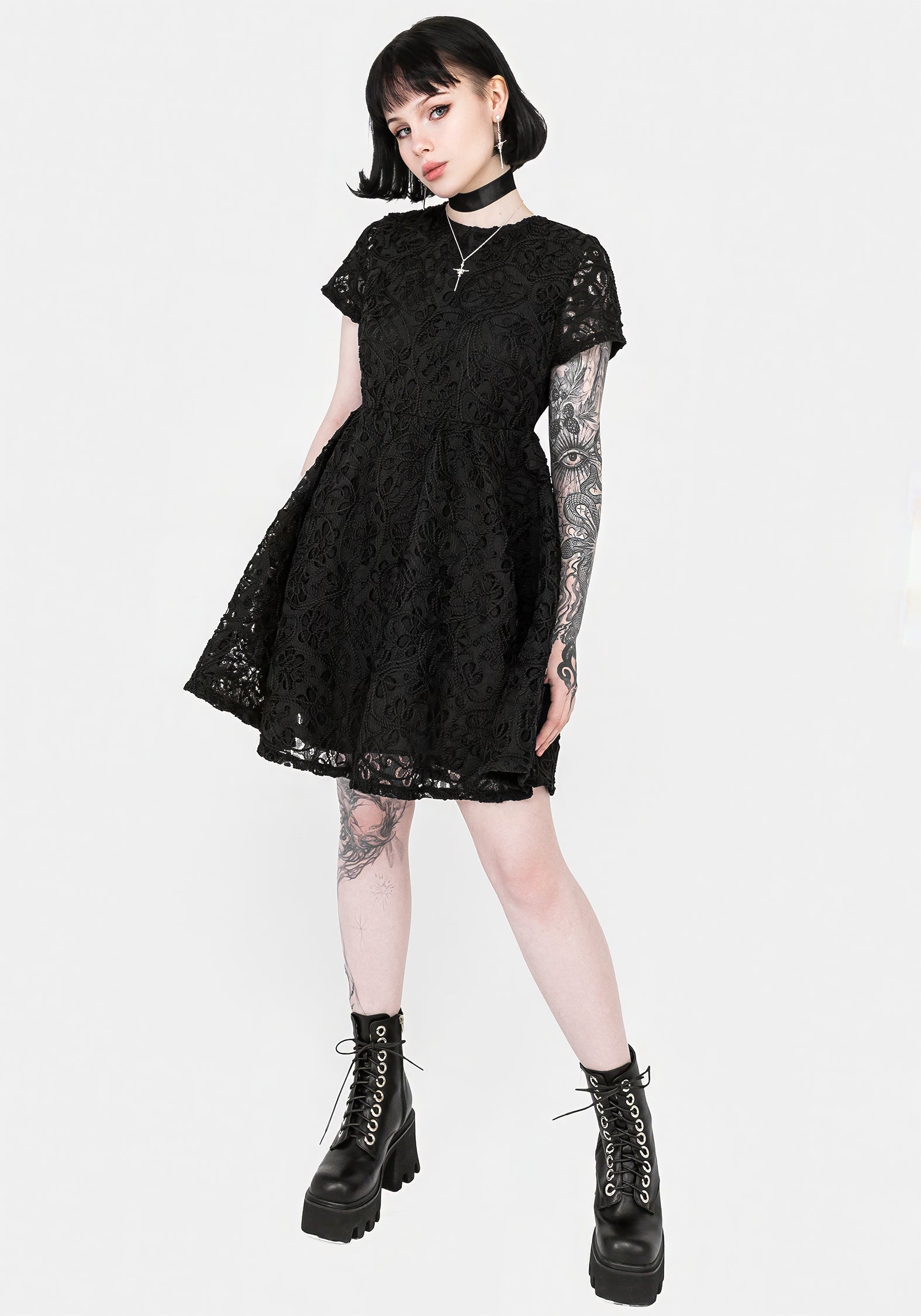 Black Floral Lace Mini Smock Dress with Cap Sleeves | Maladie