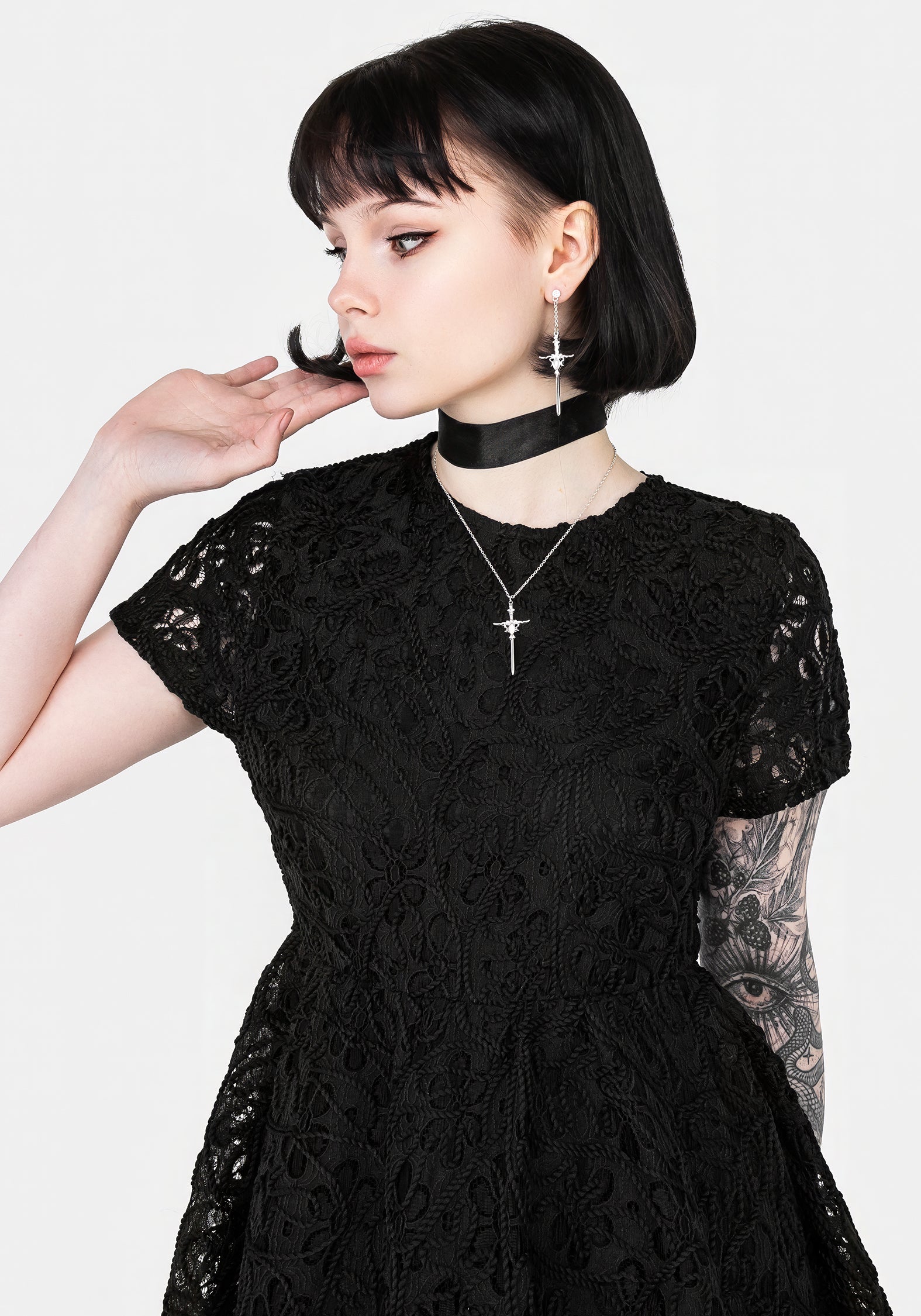 Black Floral Lace Mini Smock Dress with Cap Sleeves | Maladie
