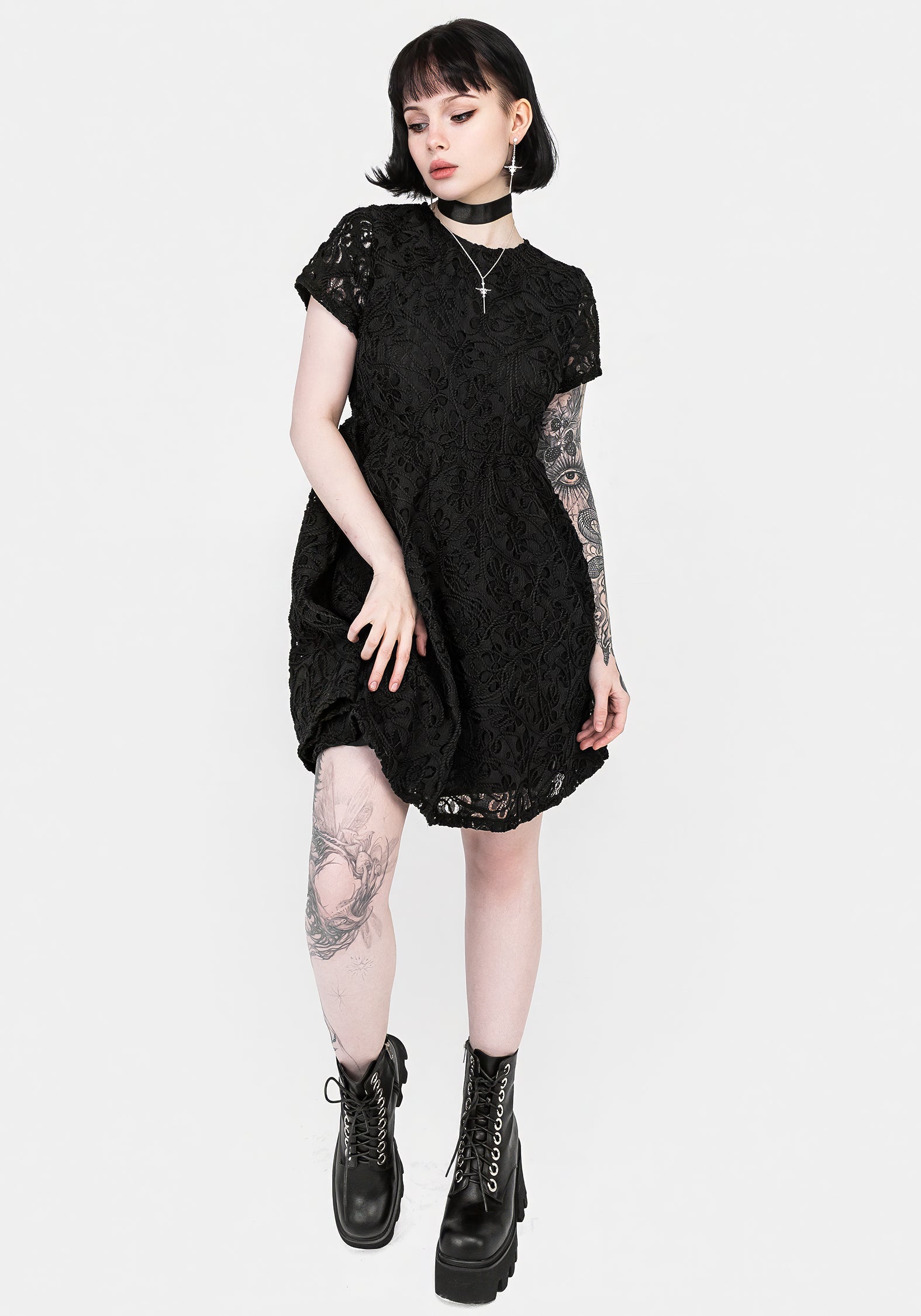 Black Floral Lace Mini Smock Dress with Cap Sleeves | Maladie