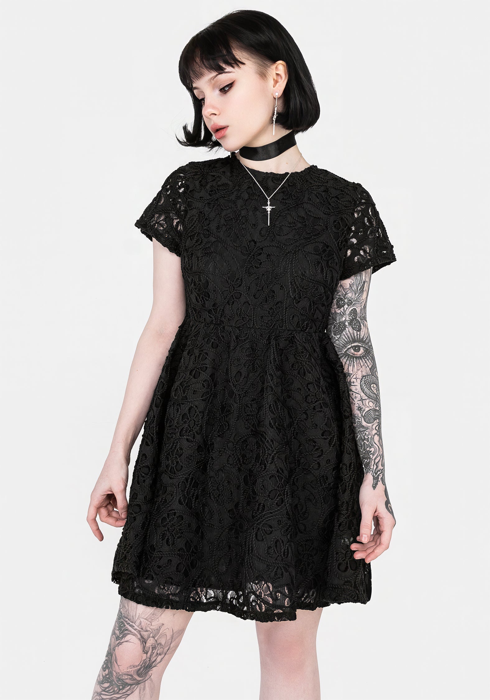 Black Floral Lace Mini Smock Dress with Cap Sleeves | Maladie