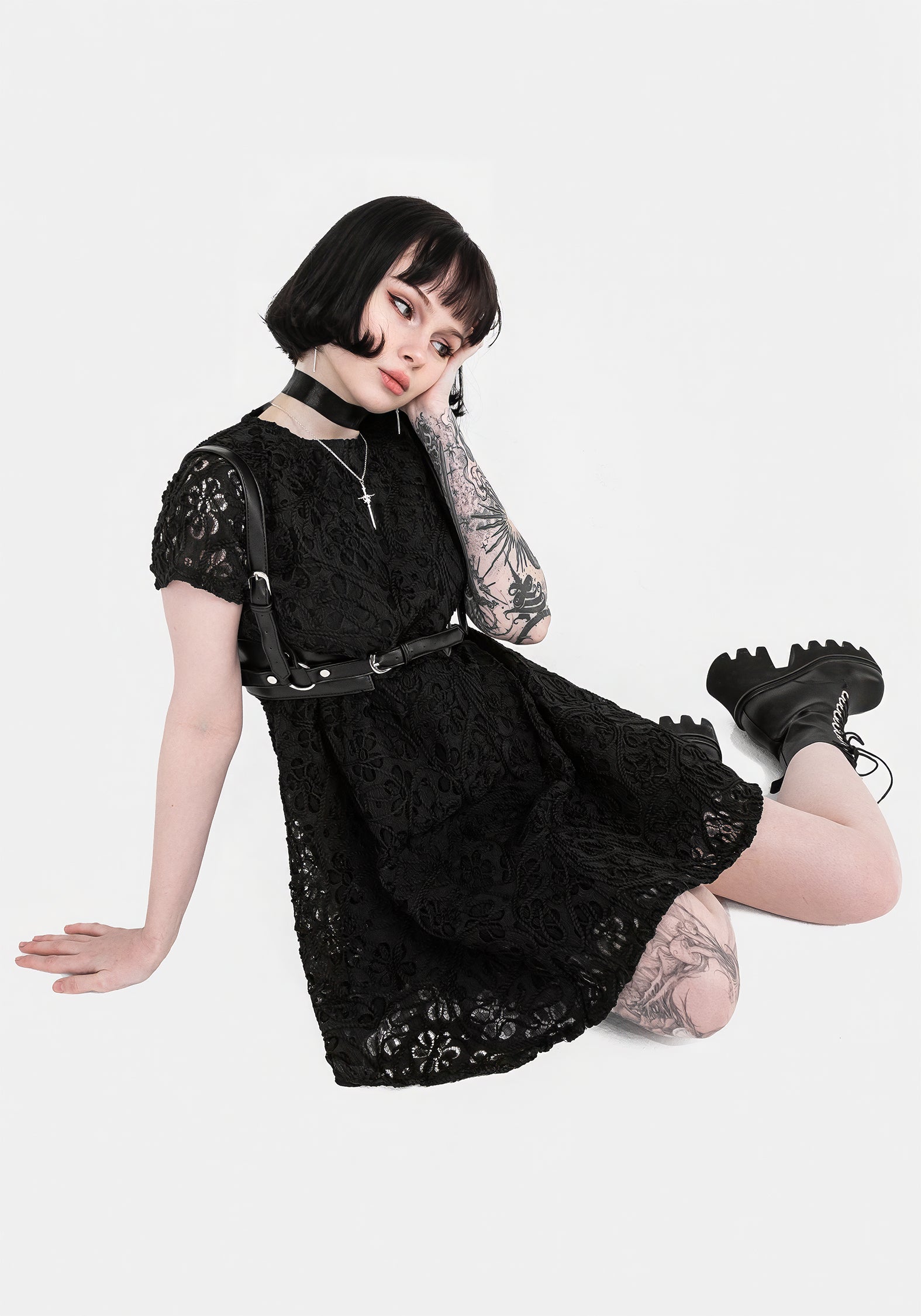 Black Floral Lace Mini Smock Dress with Cap Sleeves | Maladie