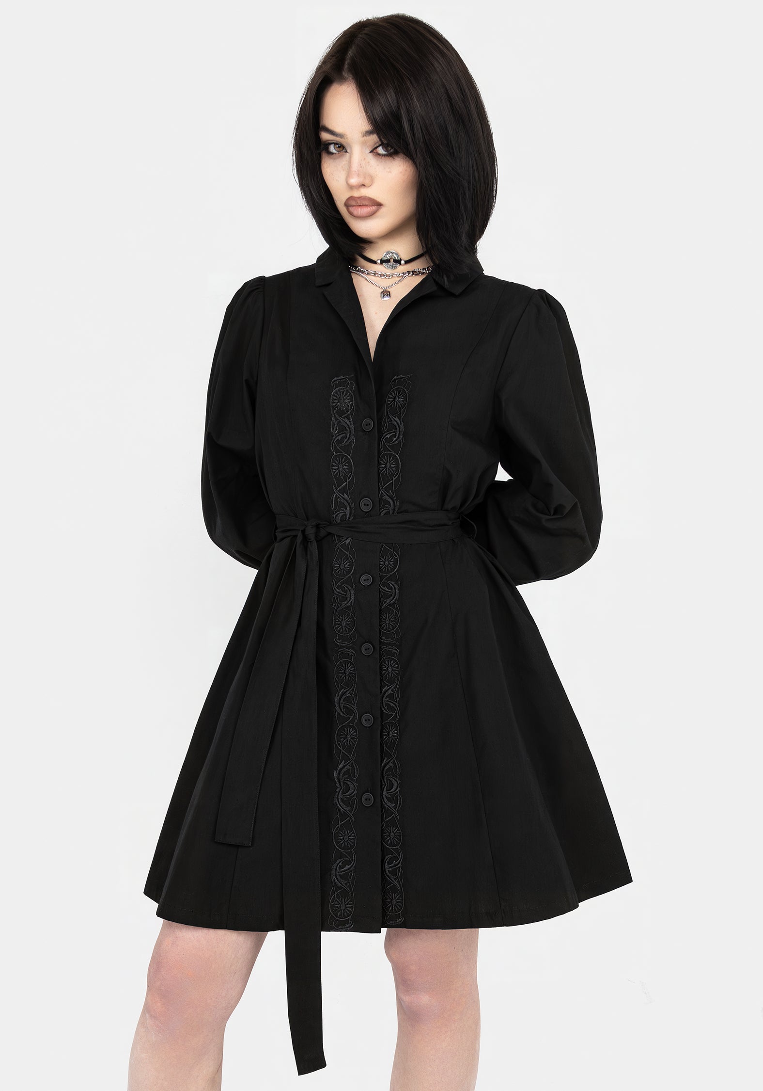 Black Floral Embroidered Mini Shirt Dress | Letavia