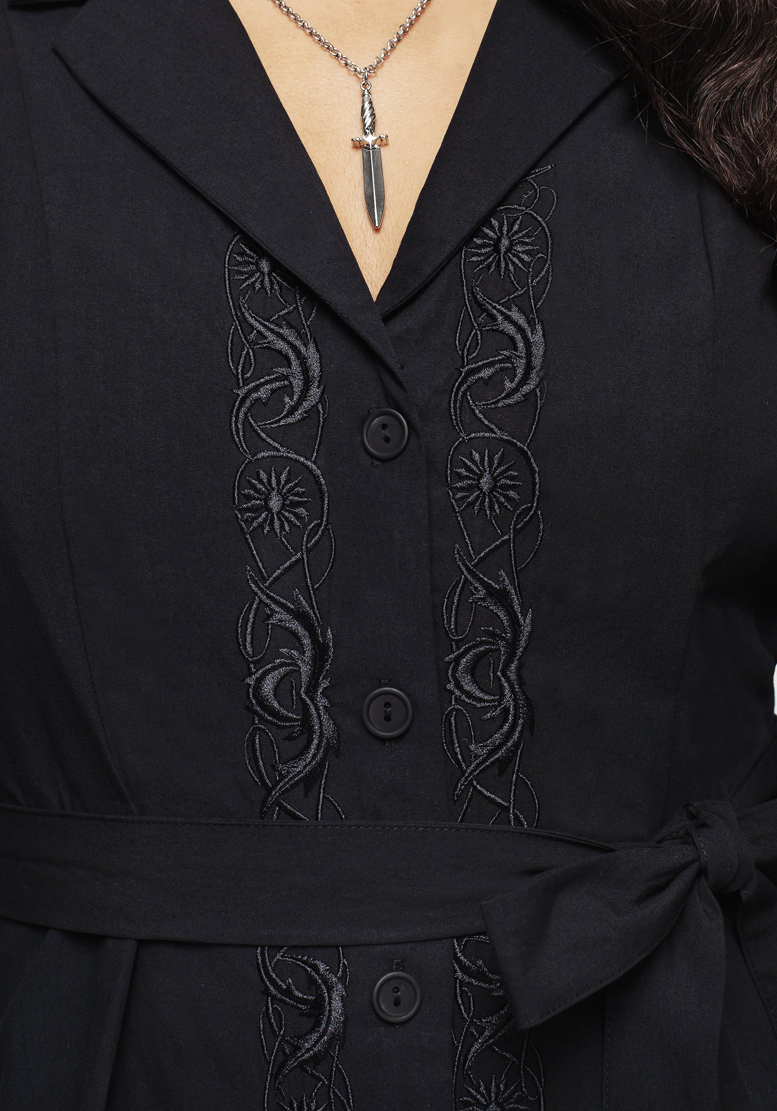 Black Floral Embroidered Mini Shirt Dress | Letavia