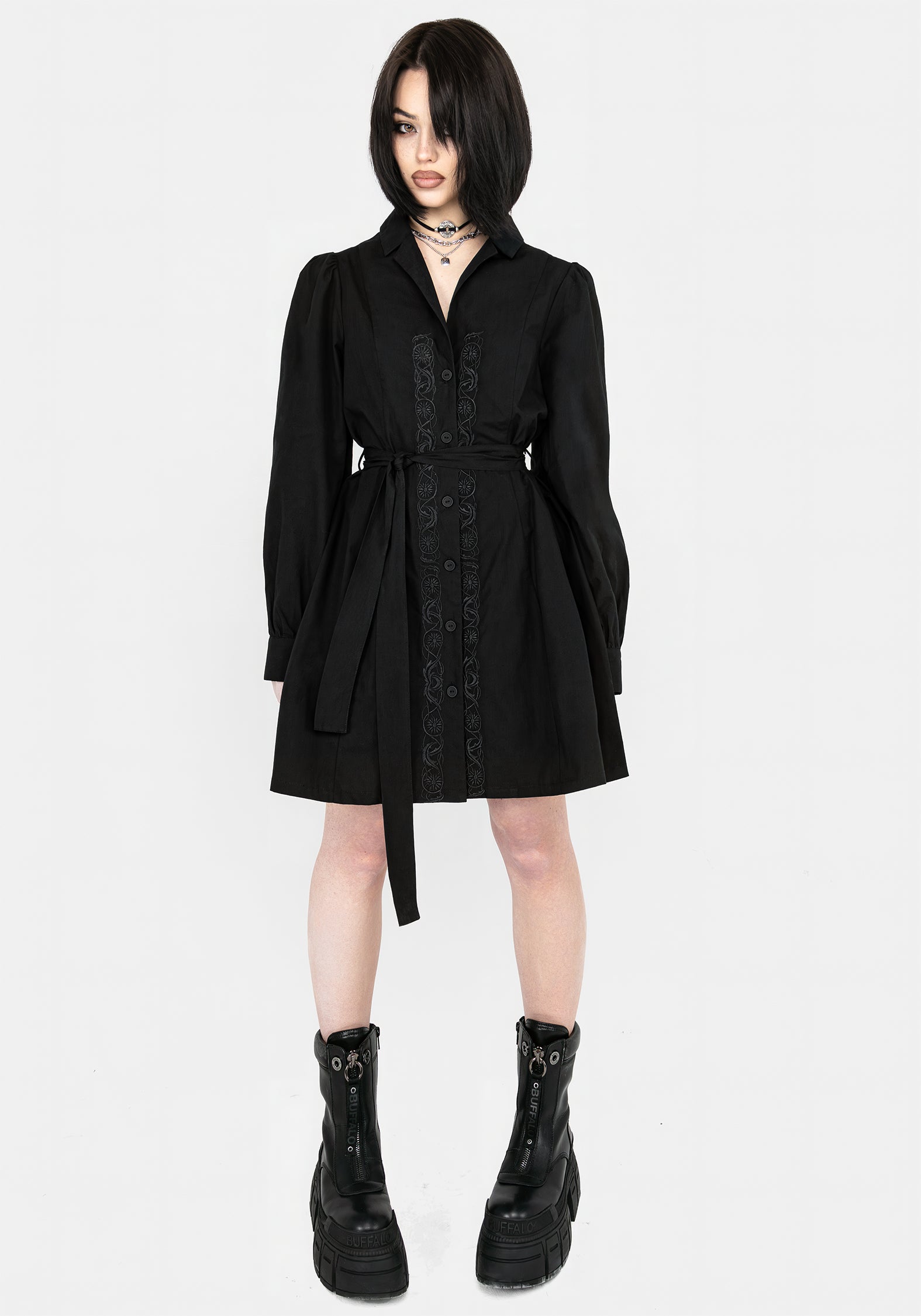 Black Floral Embroidered Mini Shirt Dress | Letavia