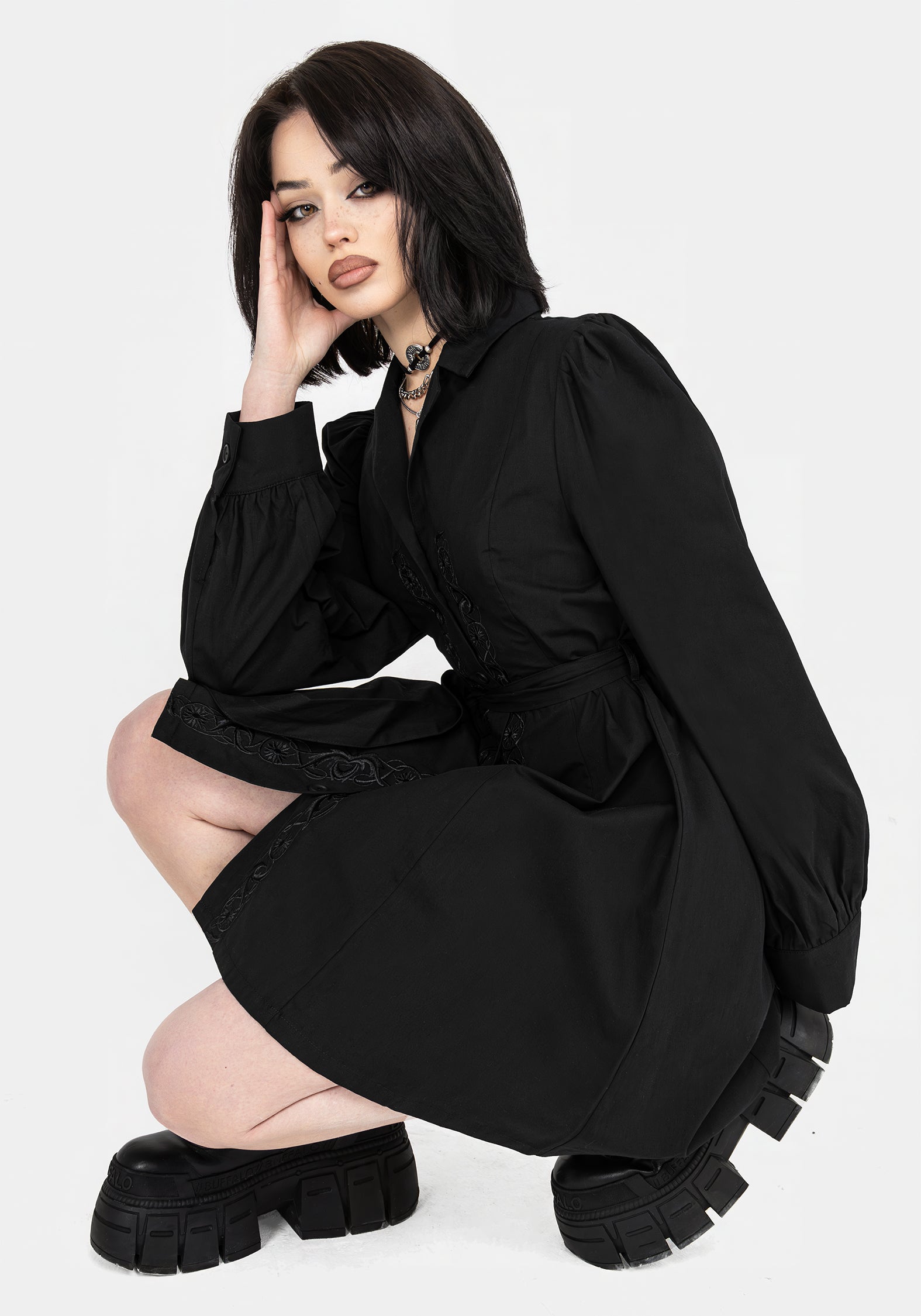 Black Floral Embroidered Mini Shirt Dress | Letavia