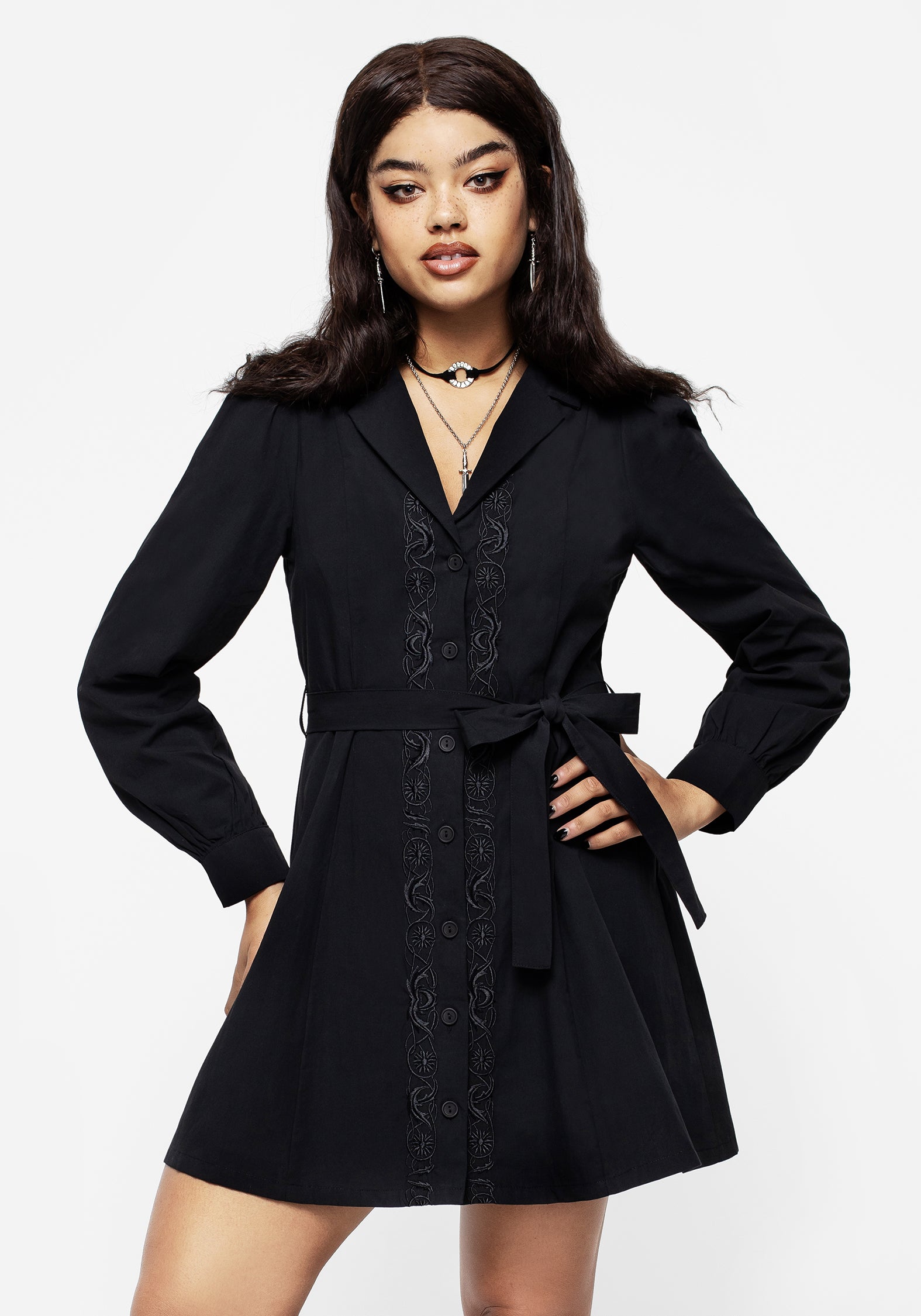 Black Floral Embroidered Mini Shirt Dress | Letavia