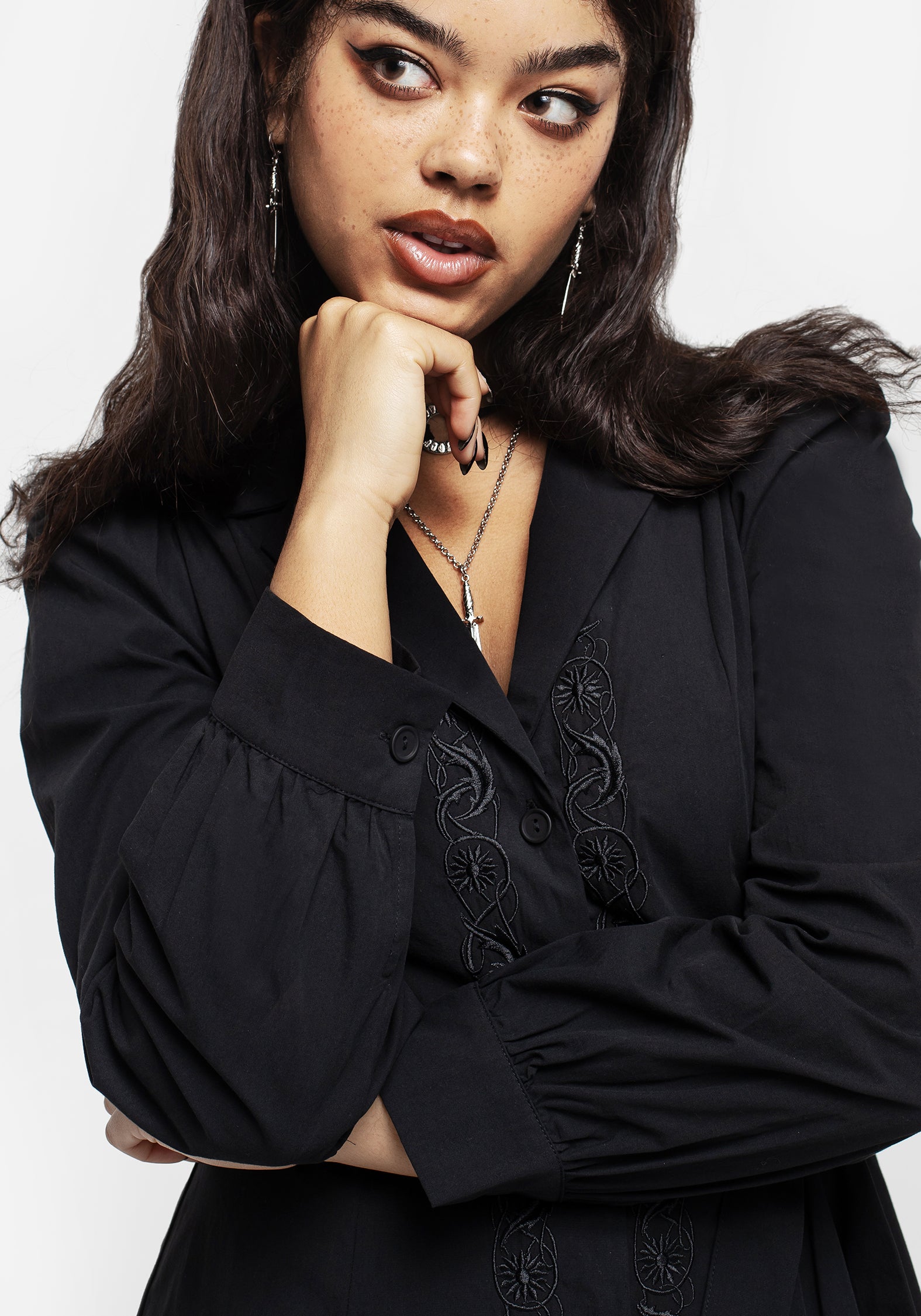 Black Floral Embroidered Mini Shirt Dress | Letavia