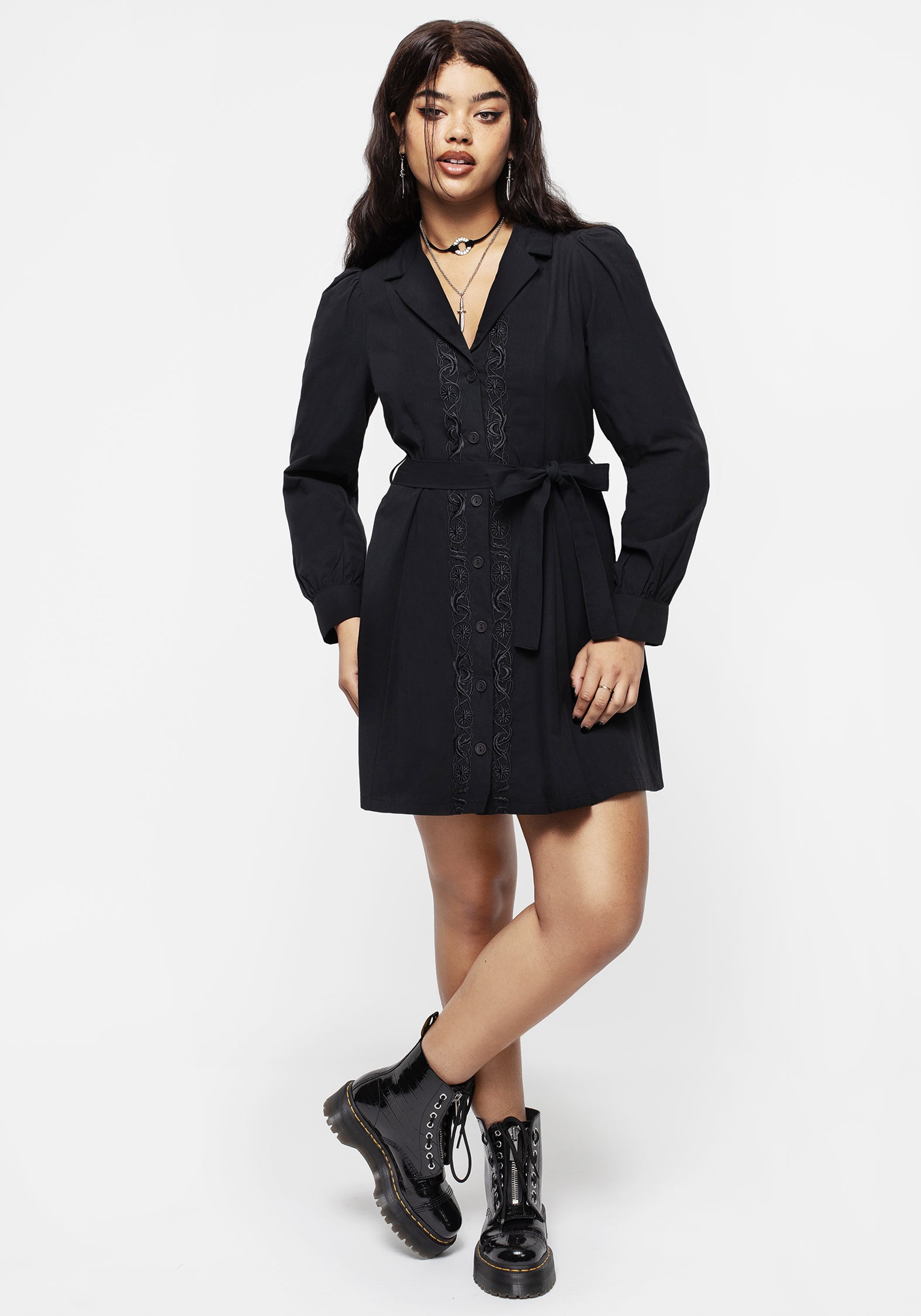 Black Floral Embroidered Mini Shirt Dress | Letavia