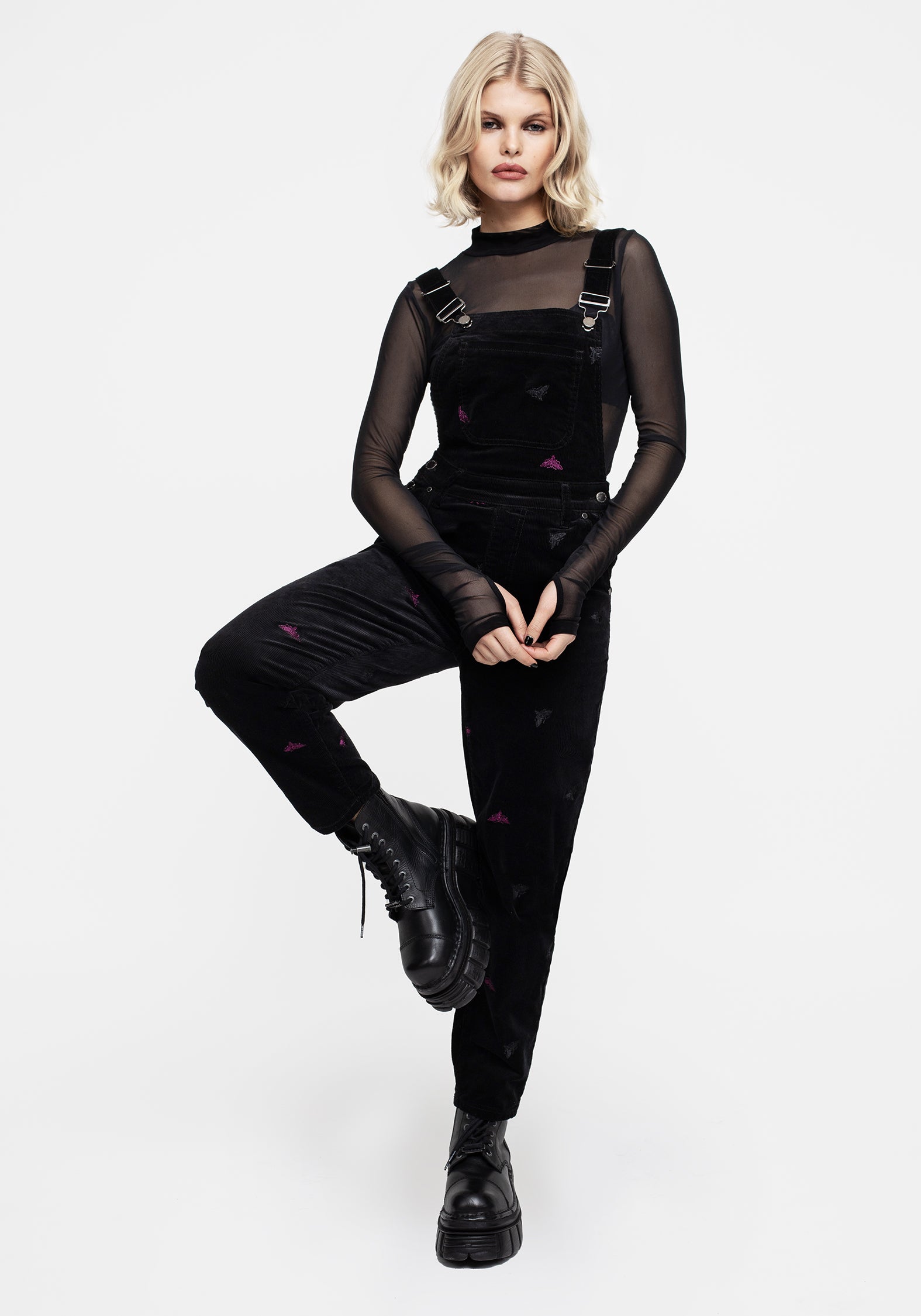 Black Moth Embroidered Cord Dungarees | Balloon Leg & High-Rise Design