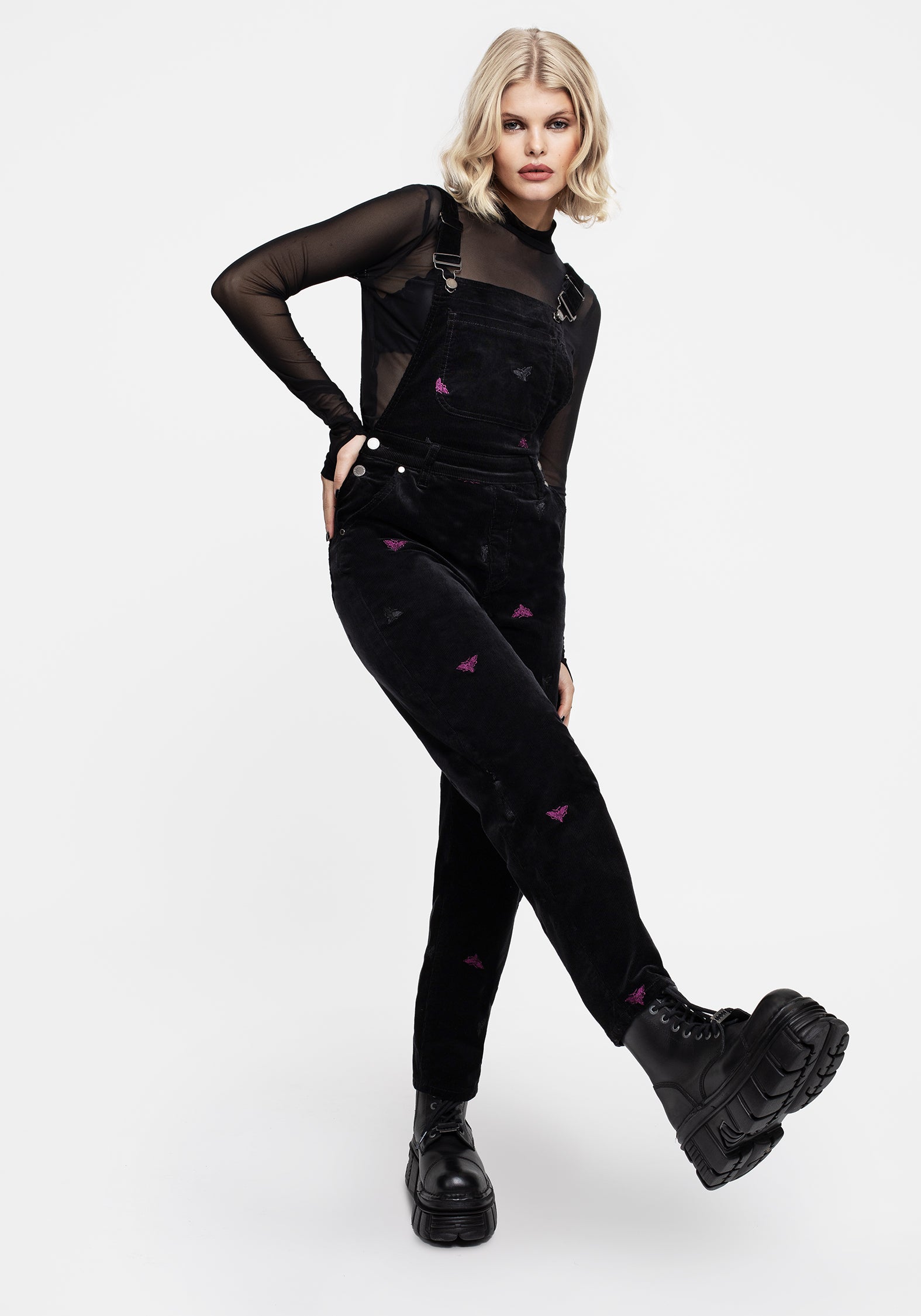 Black Moth Embroidered Cord Dungarees | Balloon Leg & High-Rise Design